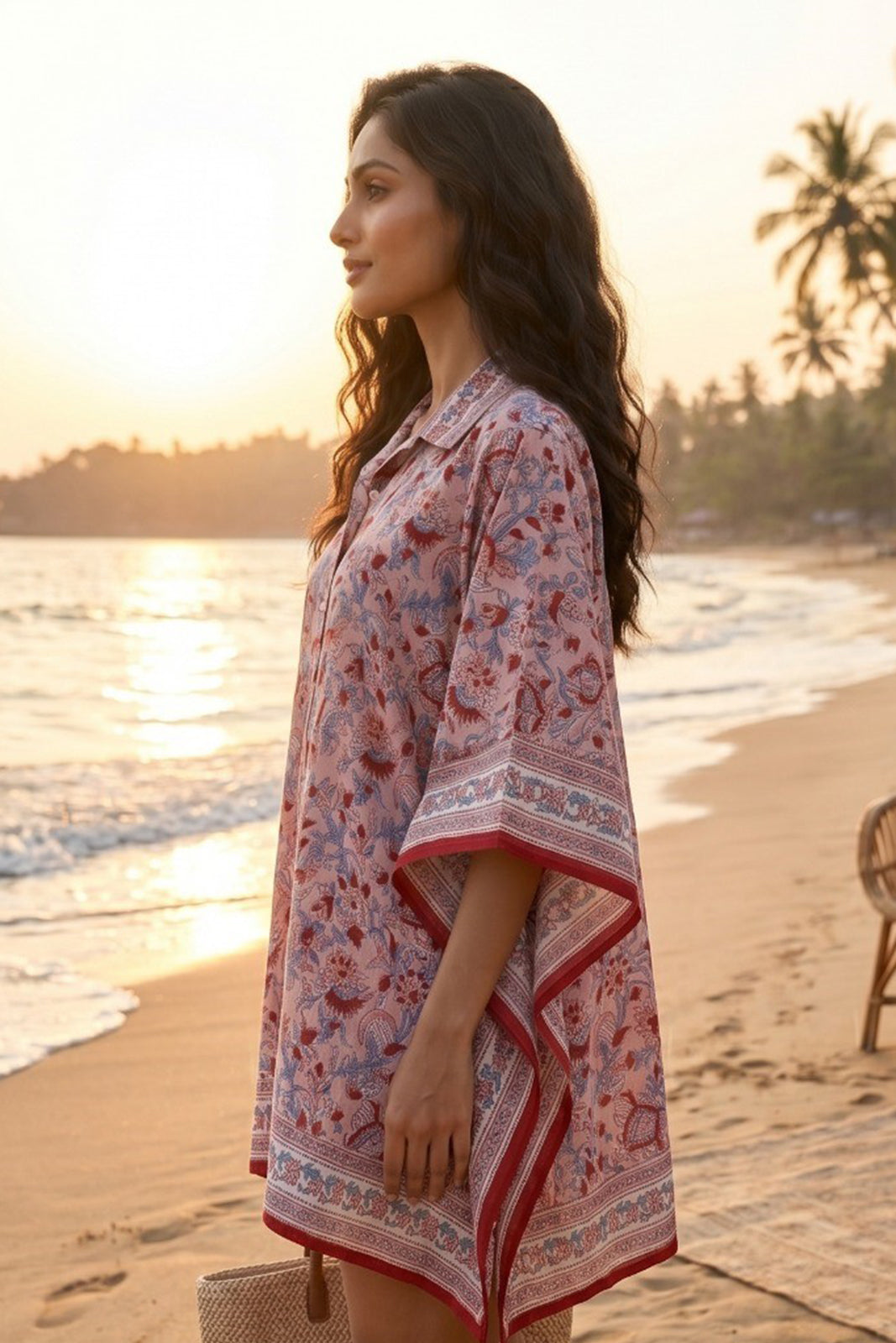 PINK RED FLORAL BLOCK PRINT COTTON KAFTAN TOP - NVK575