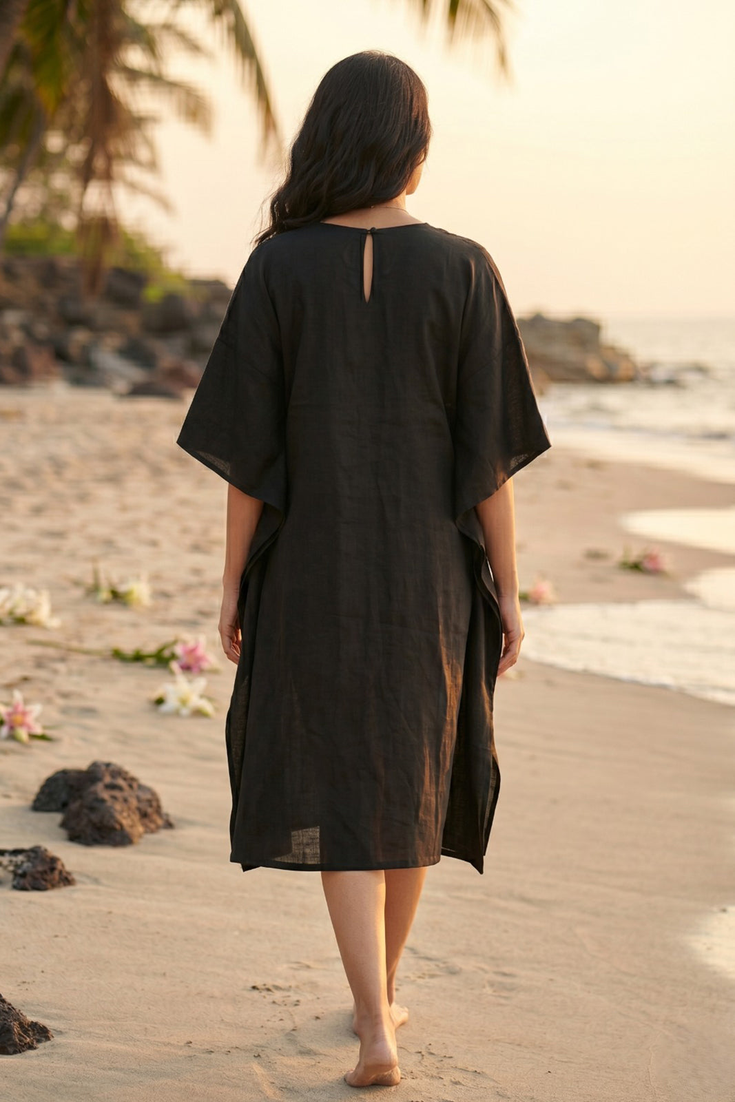 Black Embroidered Cotton Kaftan - NVK572