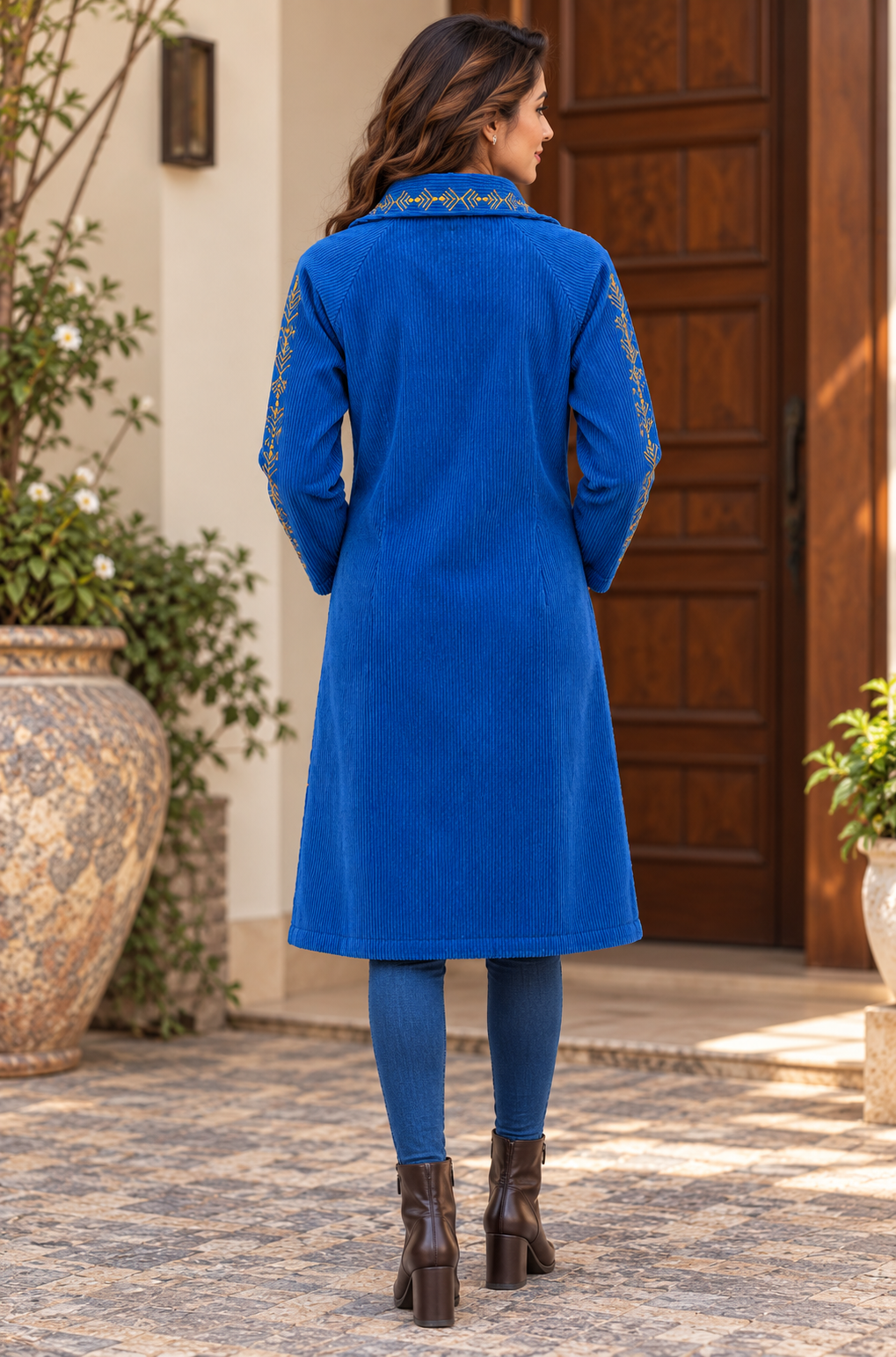 Royal Blue Embroidered Corduroy Coat