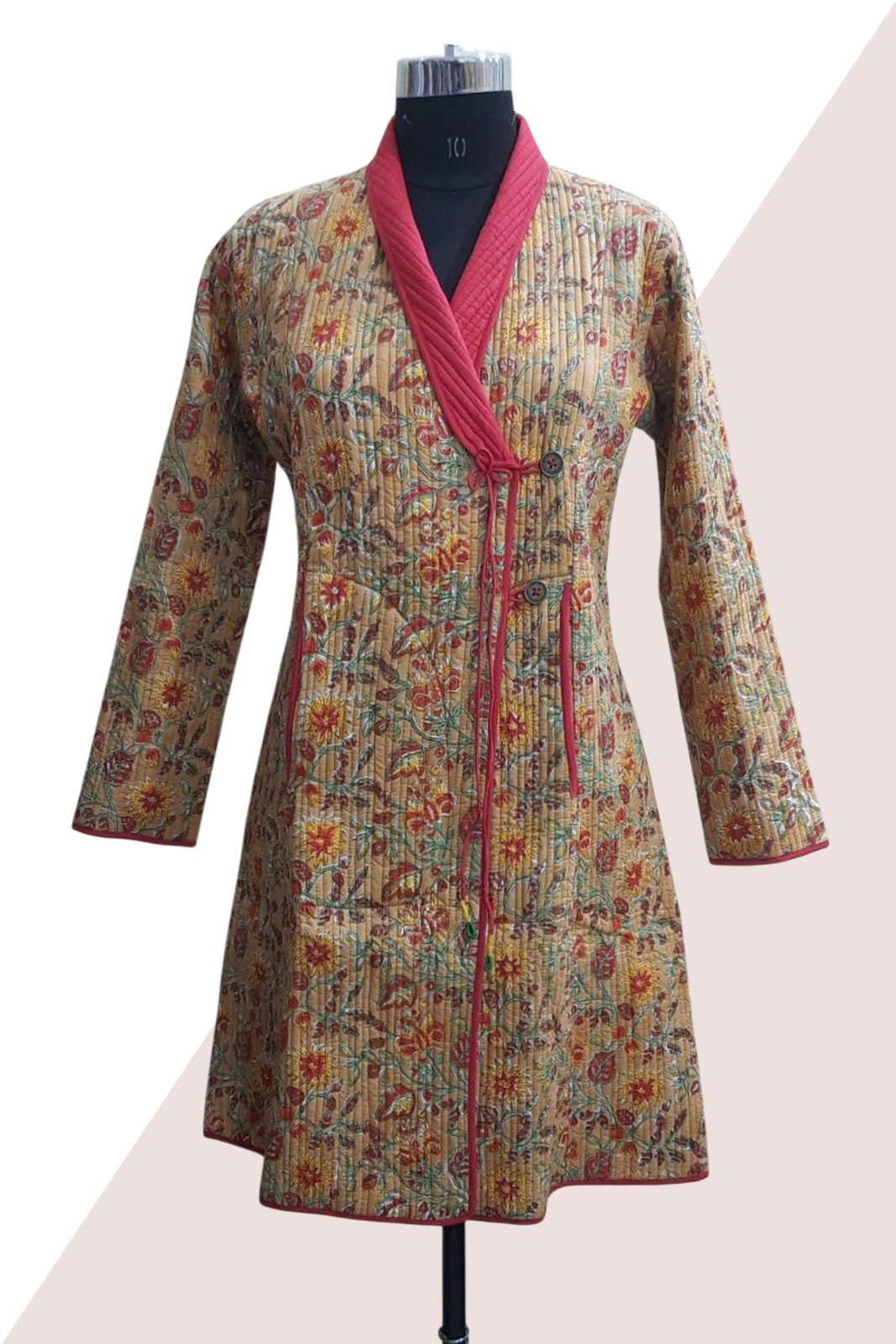 Mustard Red Angrakha Quilted Coat-NVQJ644