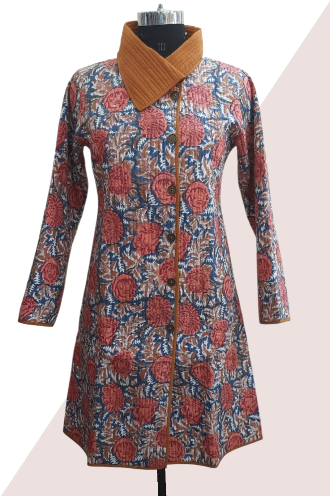 Blue Brown Floral Bukhara Quilted Coat-NVQJ643