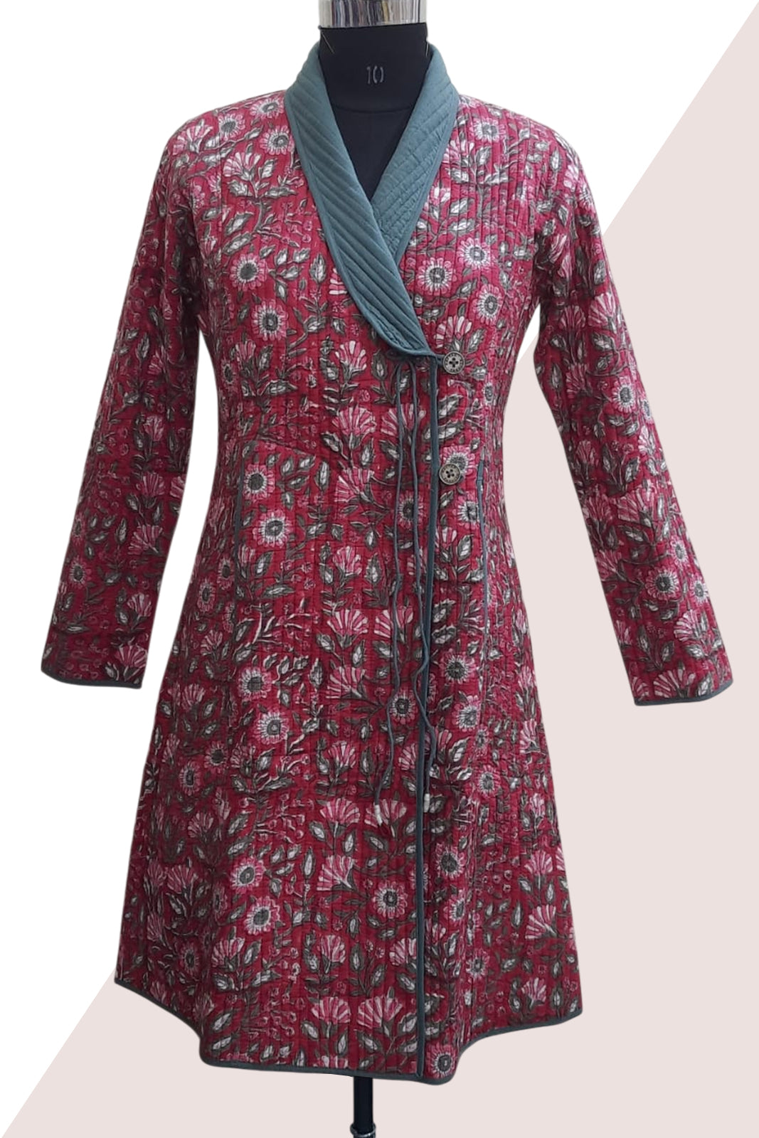 Red Grey Angrakha Quilted Coat-NVQJ645