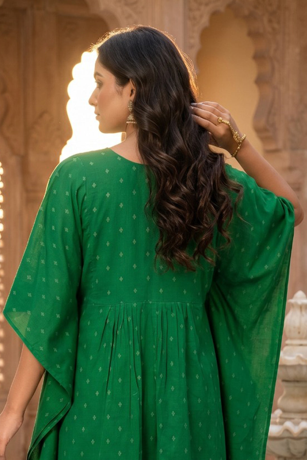 GREEN EMBROIDERED COTTON KAFTAN - NVK581