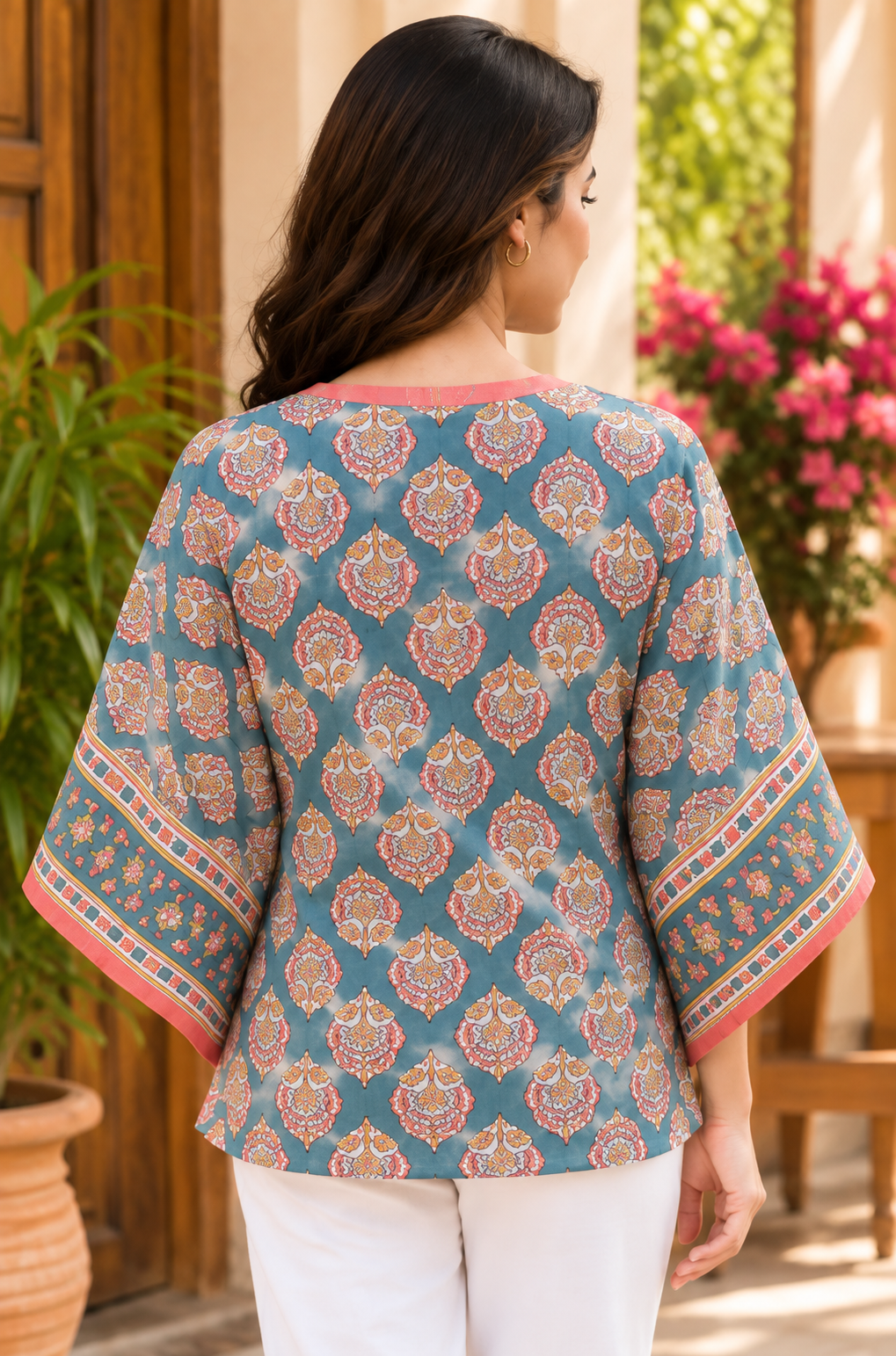 BLUE COTTON MULMUL FLORAL SHORT KAFTAN