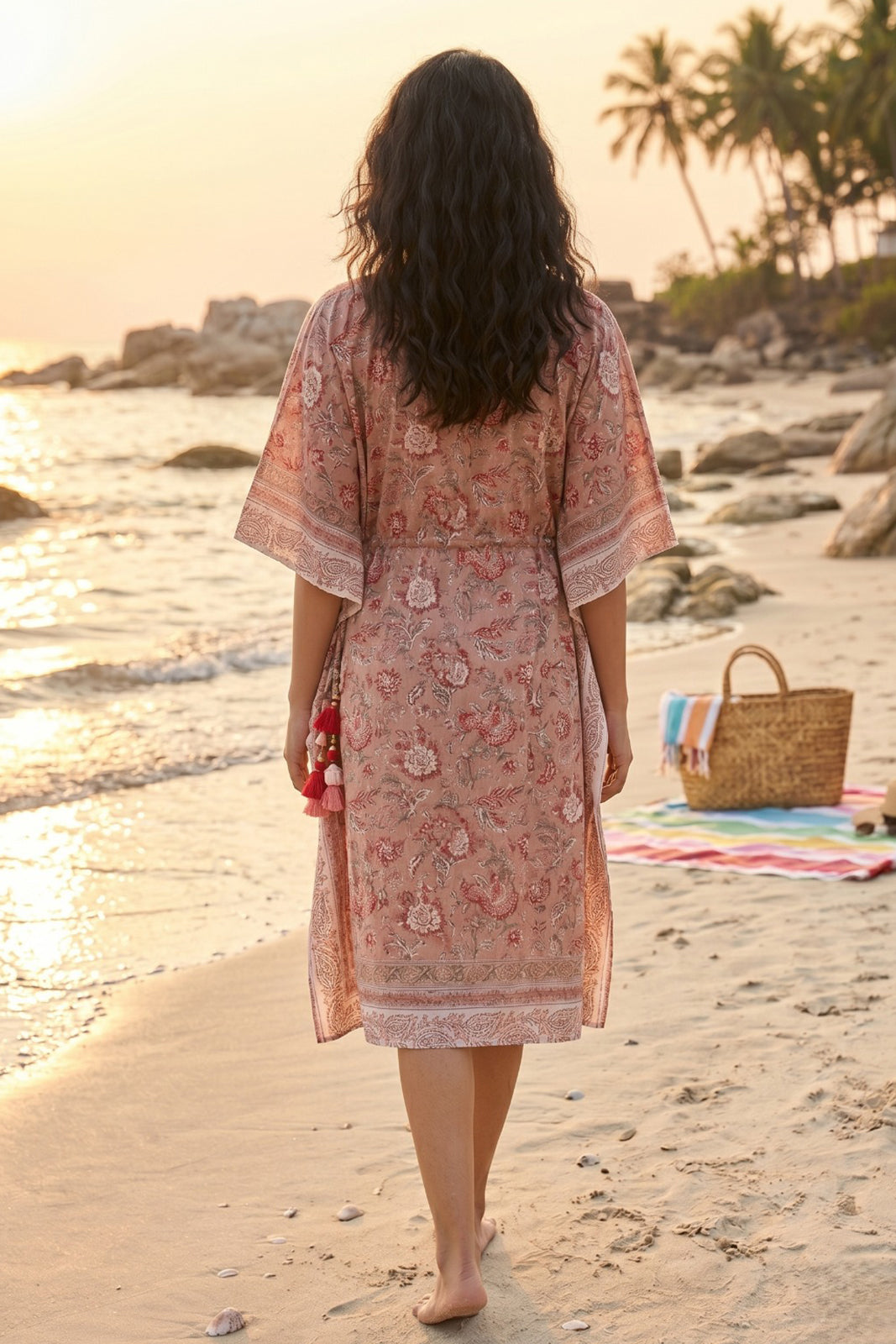 Brown Block Print Floral Cotton Kaftan - NVK573