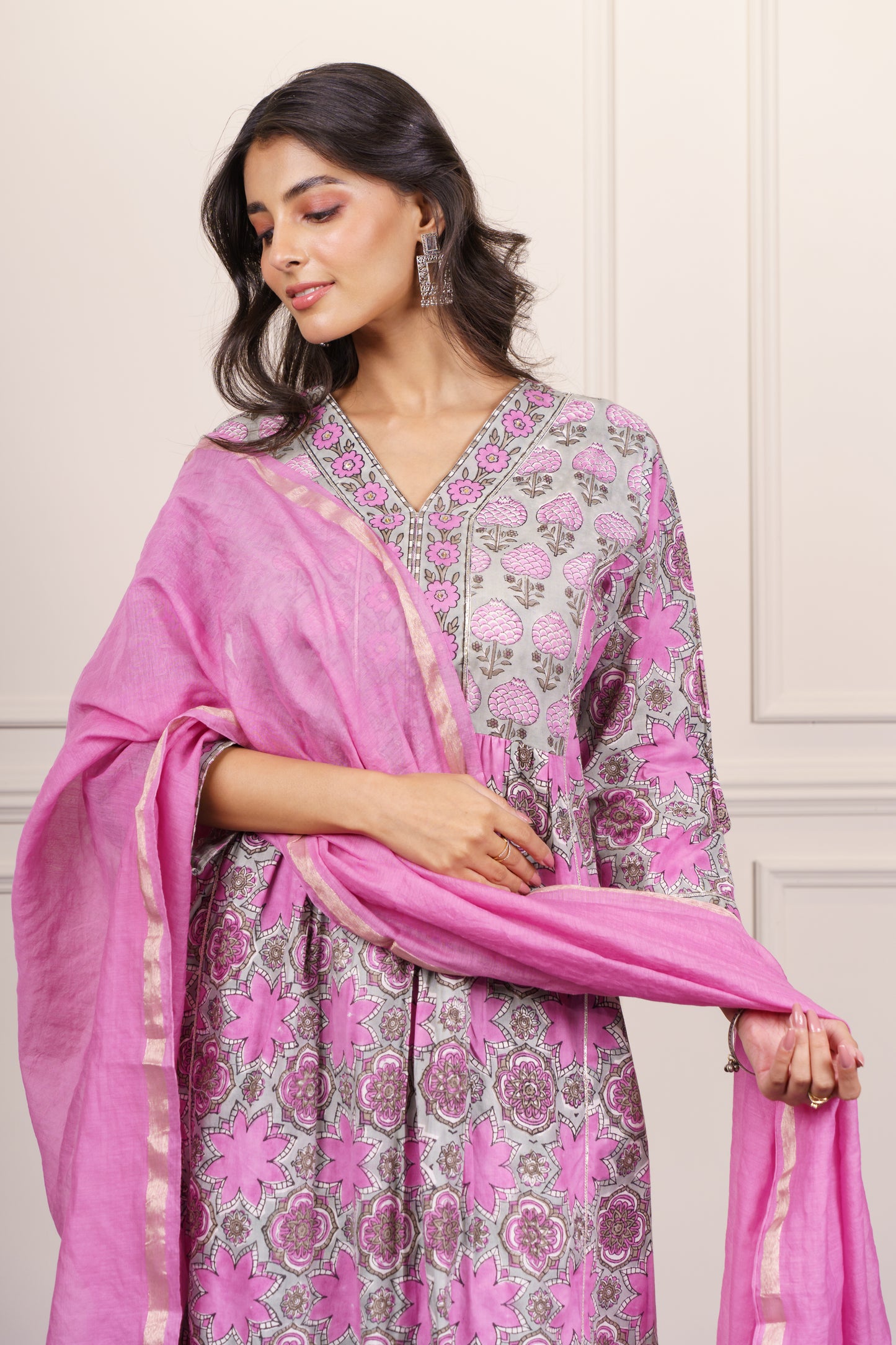 Pink Grey A Line Kurta Dupatta Set-KS815