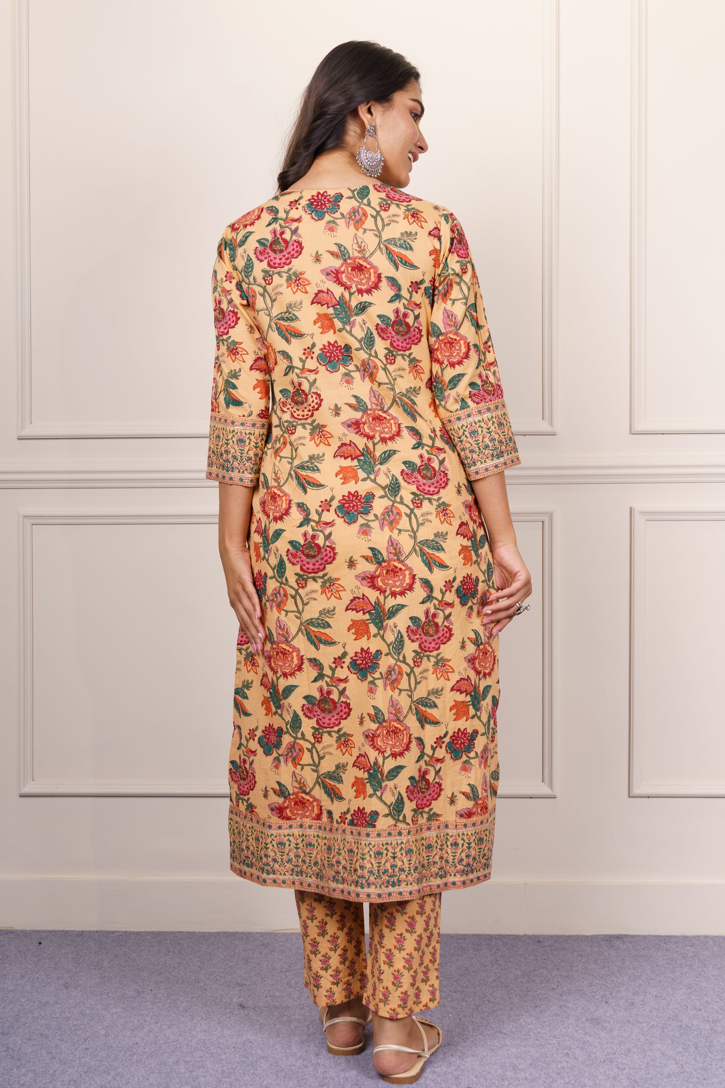 Peach Floral Cotton Kurta-KS834