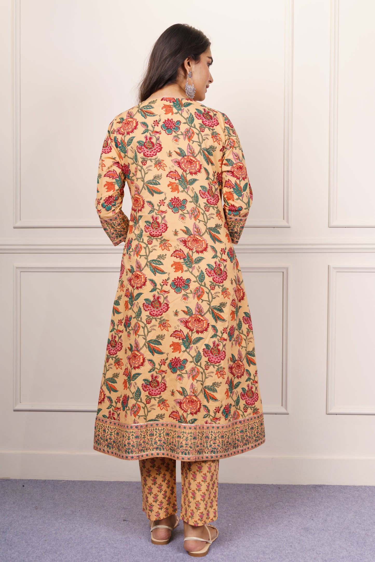 Beige Floral Block Print Cotton Kurta-KS839