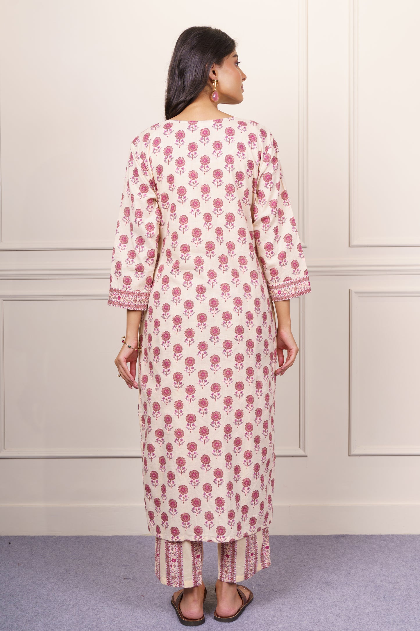 Cream Pink Floral Cotton Kurta Set-KS860