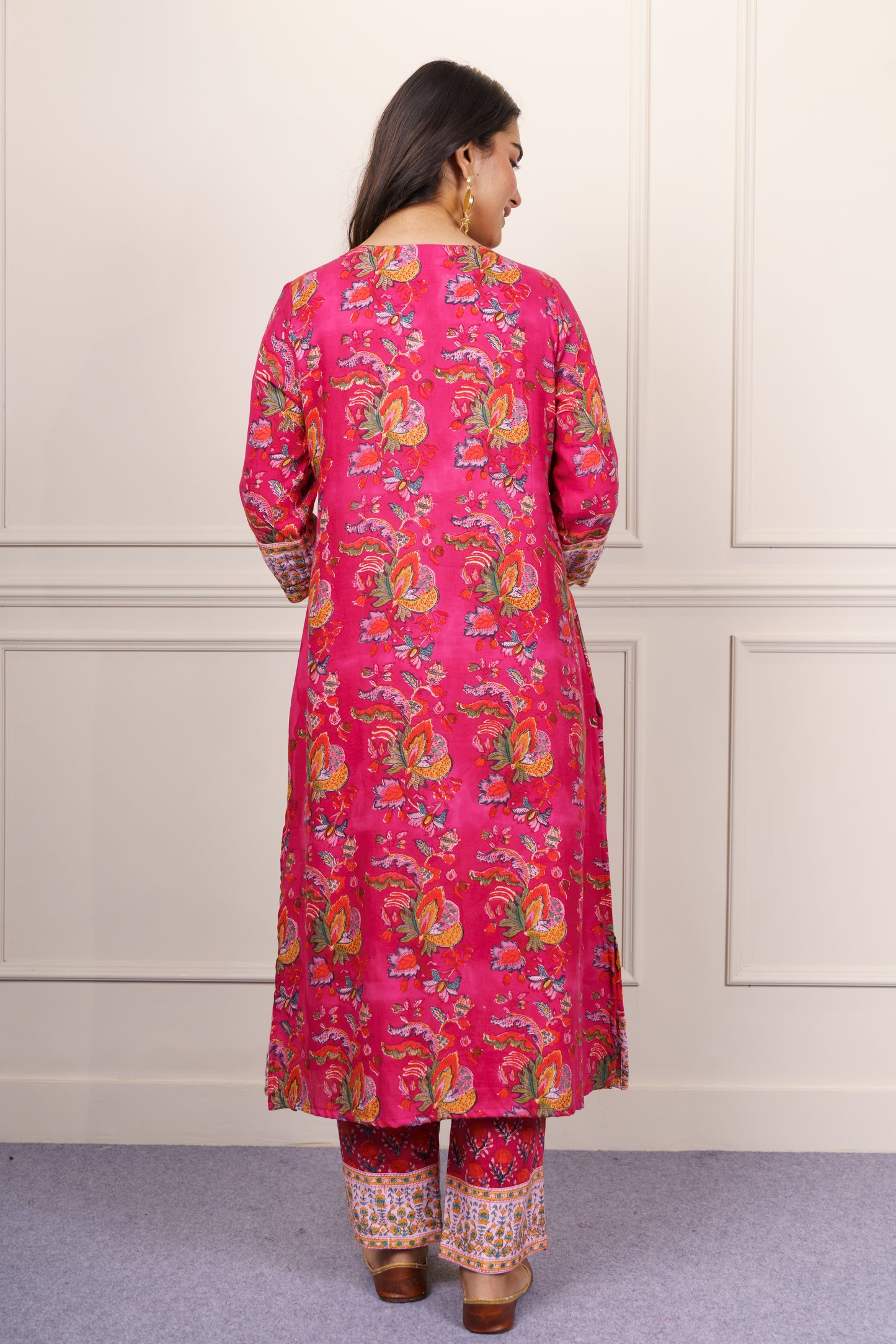 Fuchsia Floral Flared Cotton Kurta Set-KS856