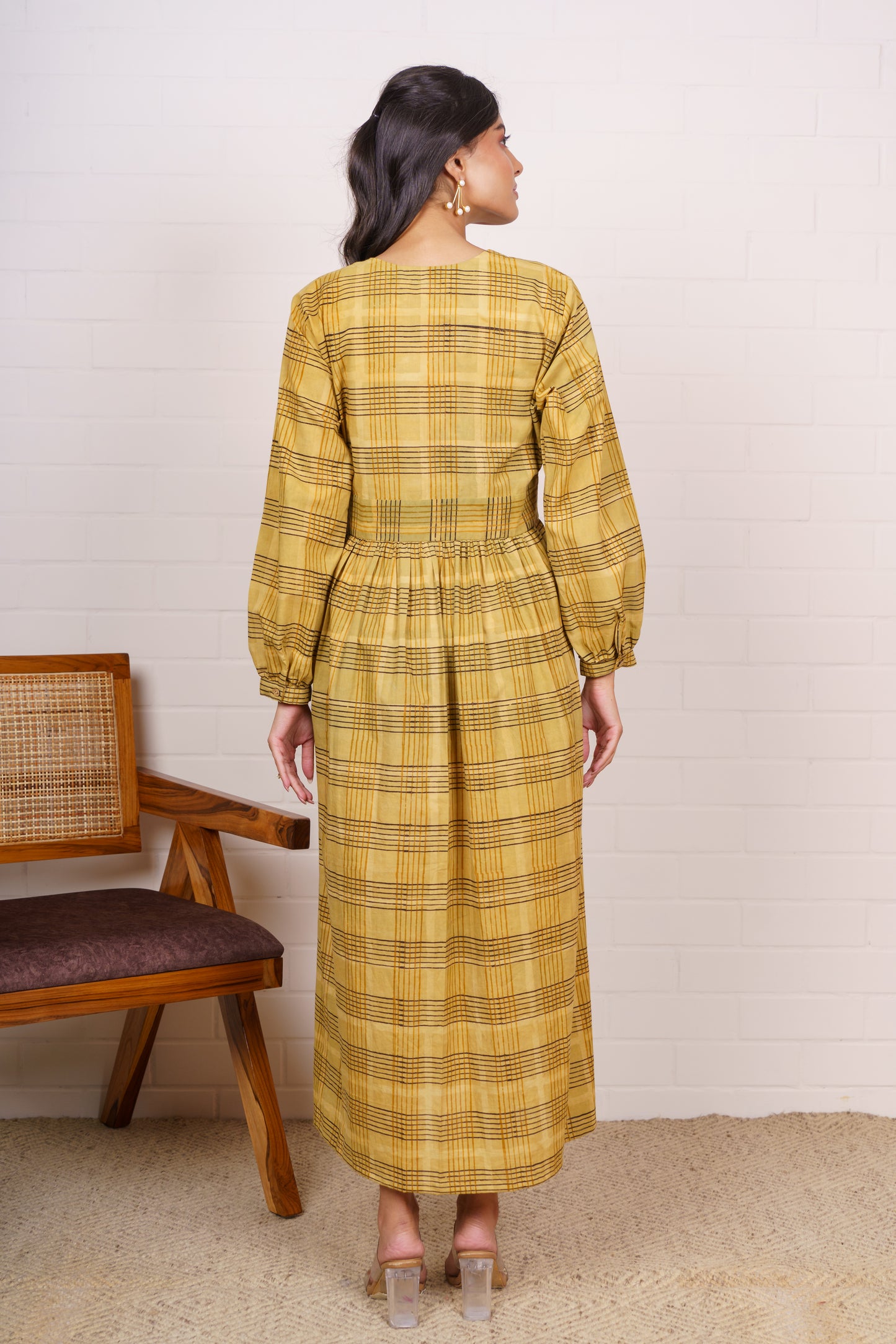 Mustard Checkered Waist Buttons Dress-NFD77