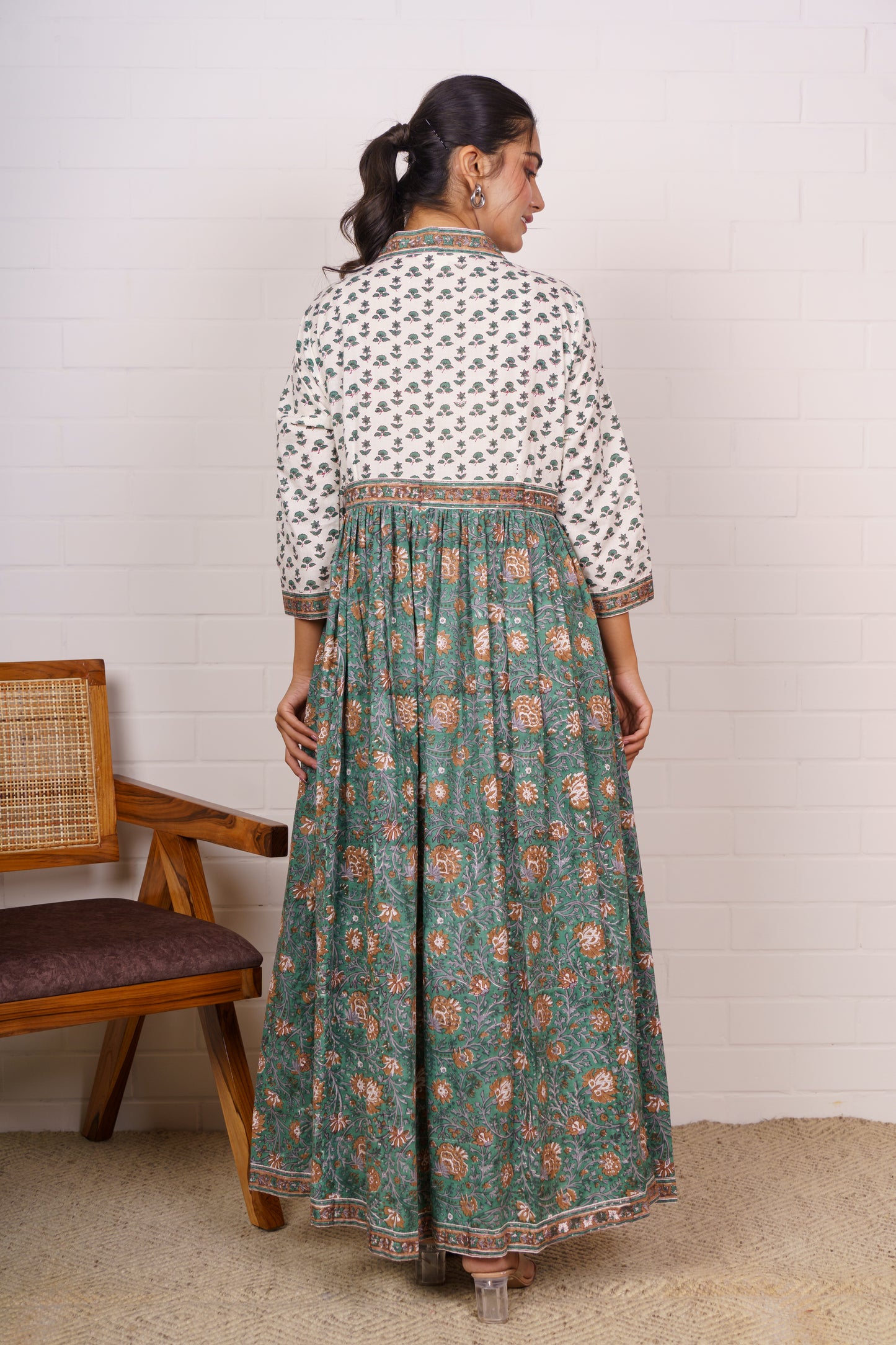 Green Cotton Print Dress-NFD87