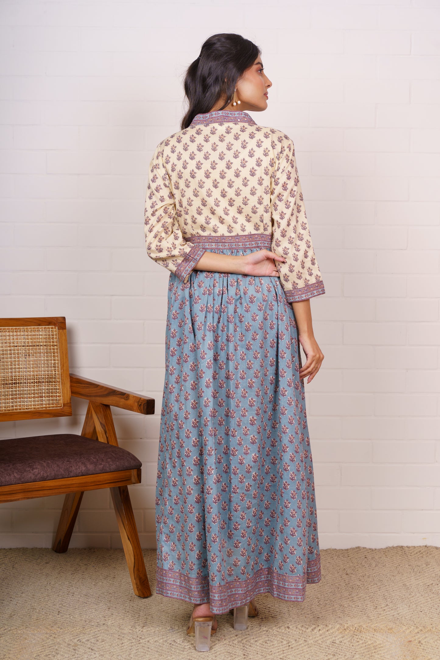 Pastel Blue & Beige Cotton Dress-NFD86