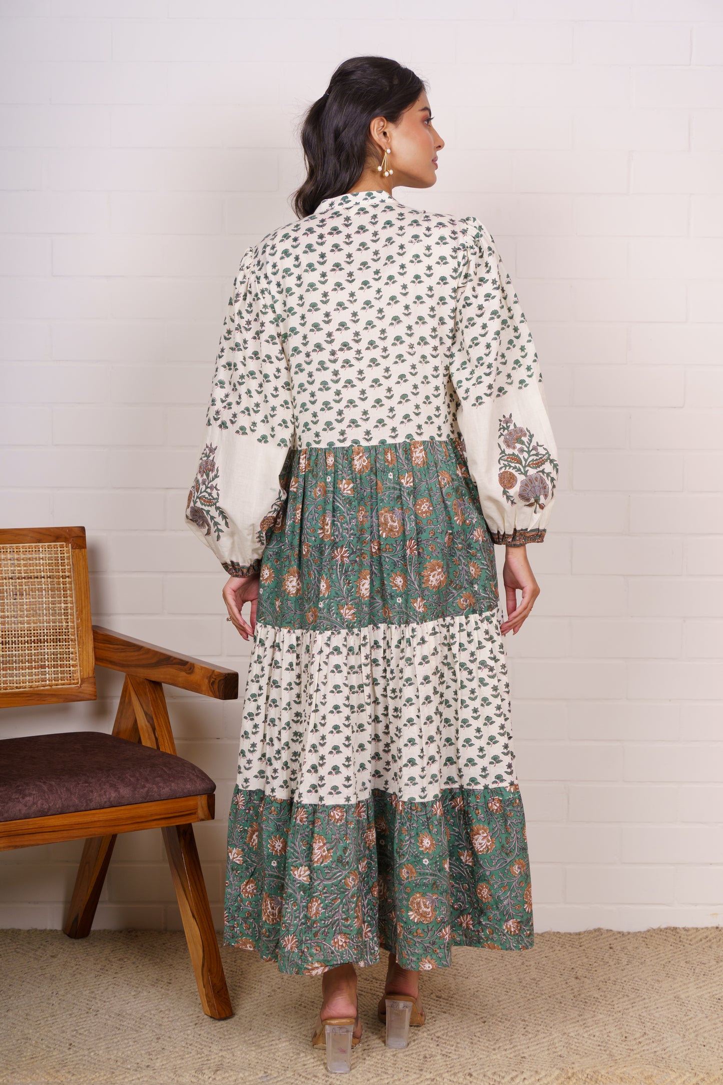 Floral Green & Ivory Tiered Maxi Dress-NFD82