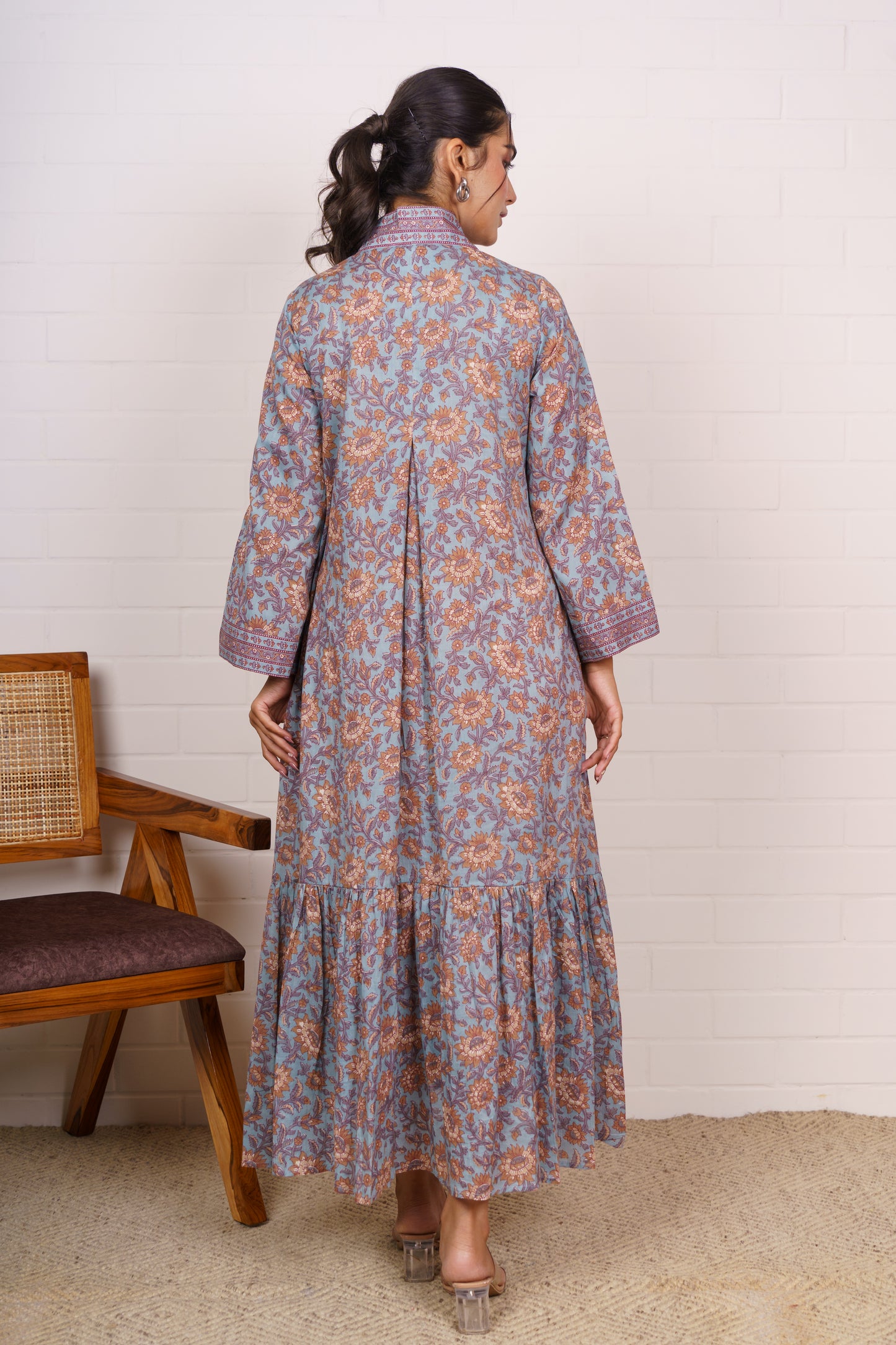 Vintage Floral V-Neck Maxi Dress-NFD79