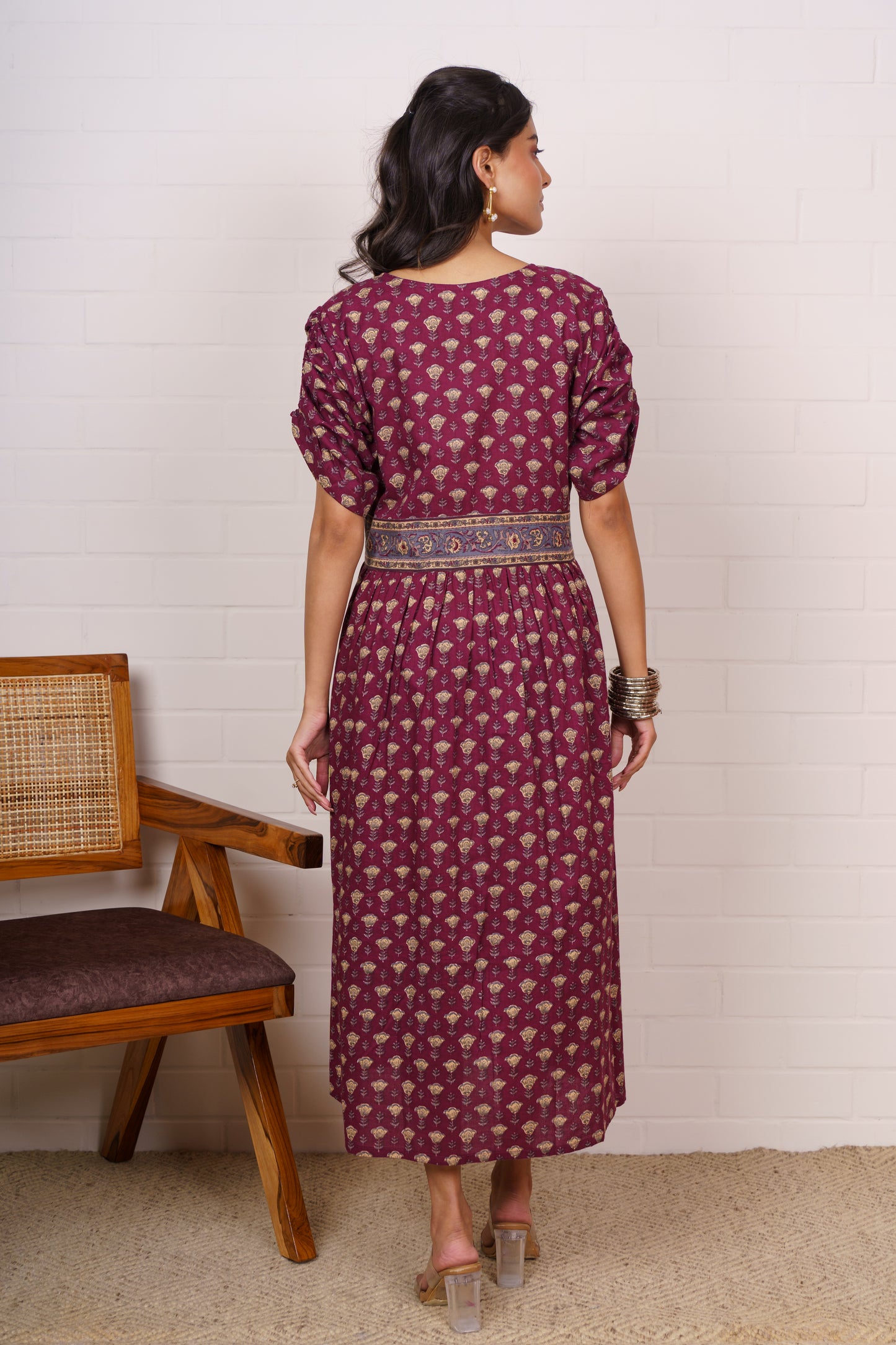 Boho Maroon Cotton Gather Dress-NFD80