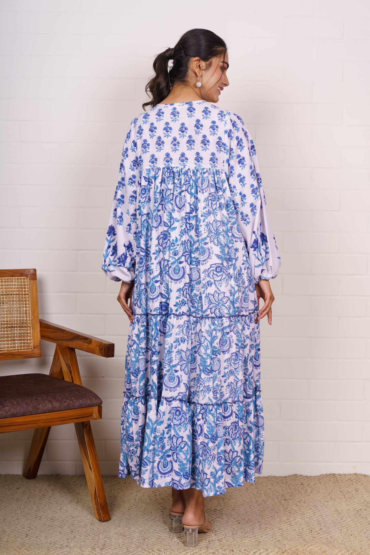 Blue Floral Hand Block Tiered Dress-NFD83