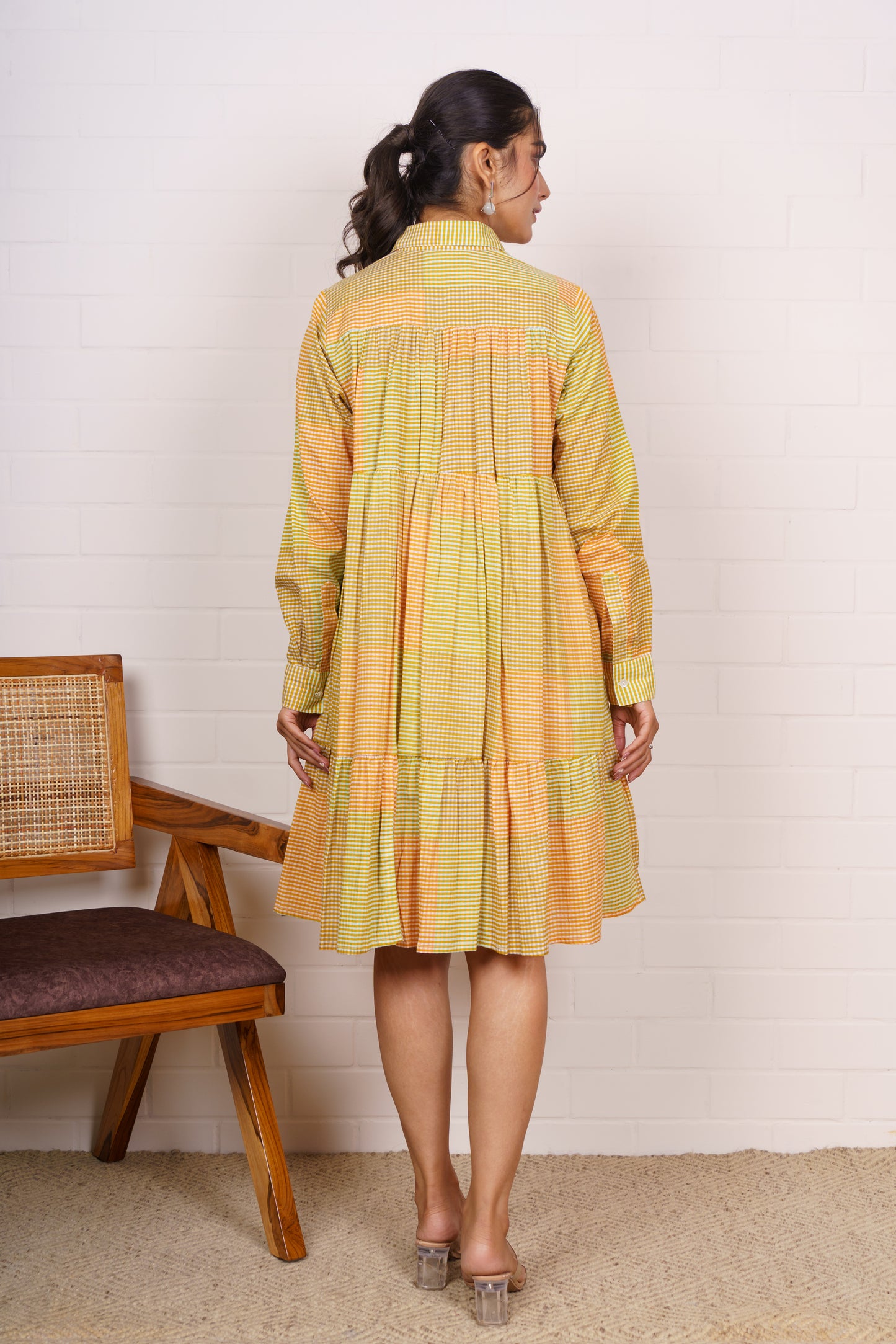 Yellow Gingham Tiered Shirt Dress-NFD84