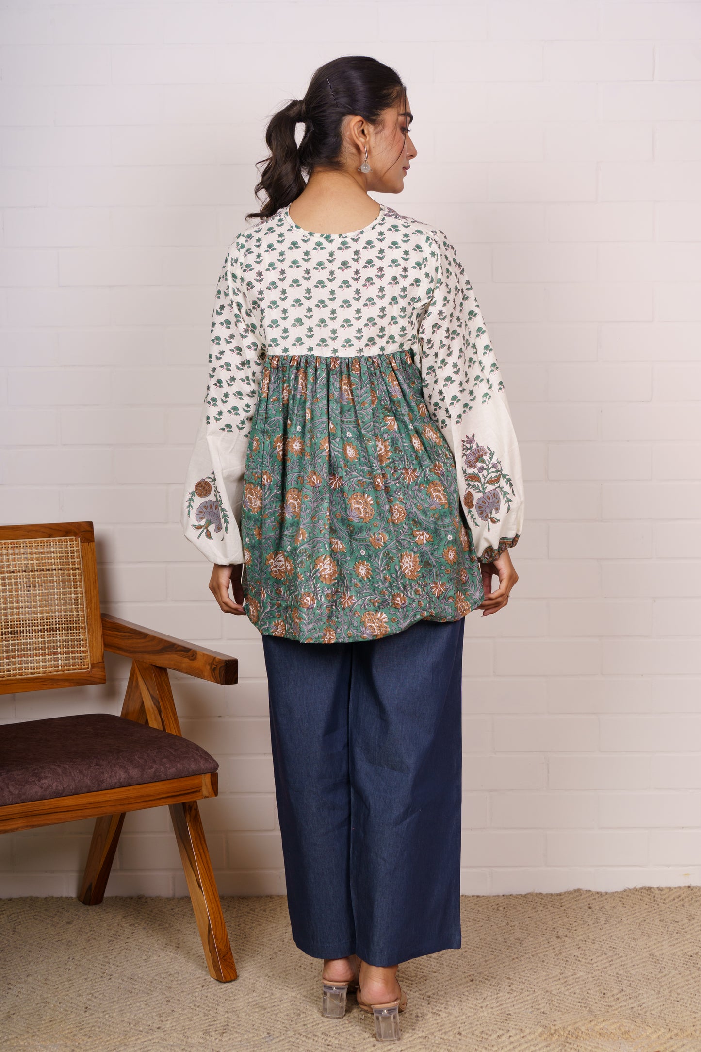 Green Beige Block Printed Top-NFT146