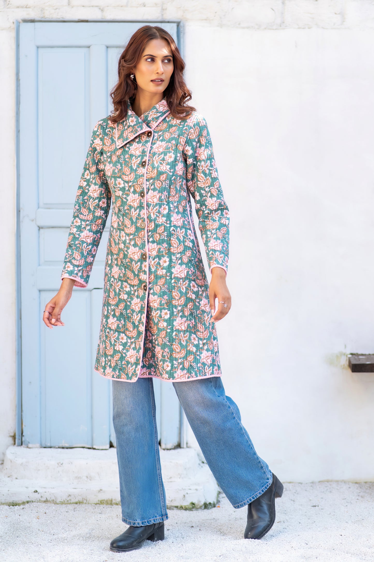 Green Block Printed Quilted Bukhara Jacket-NVQJ629