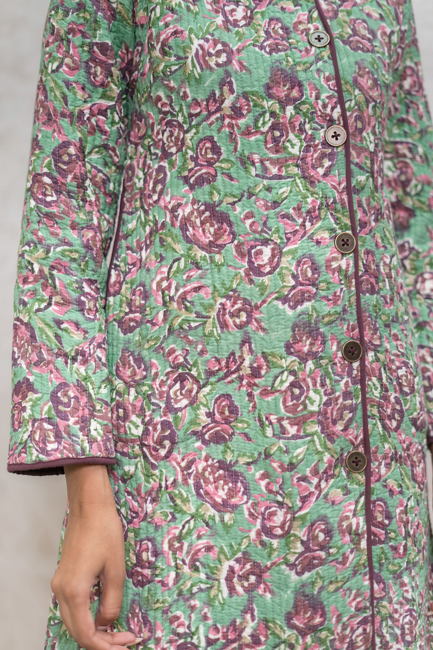 Green Floral Bukhara Quilted Jacket-NVQJ603