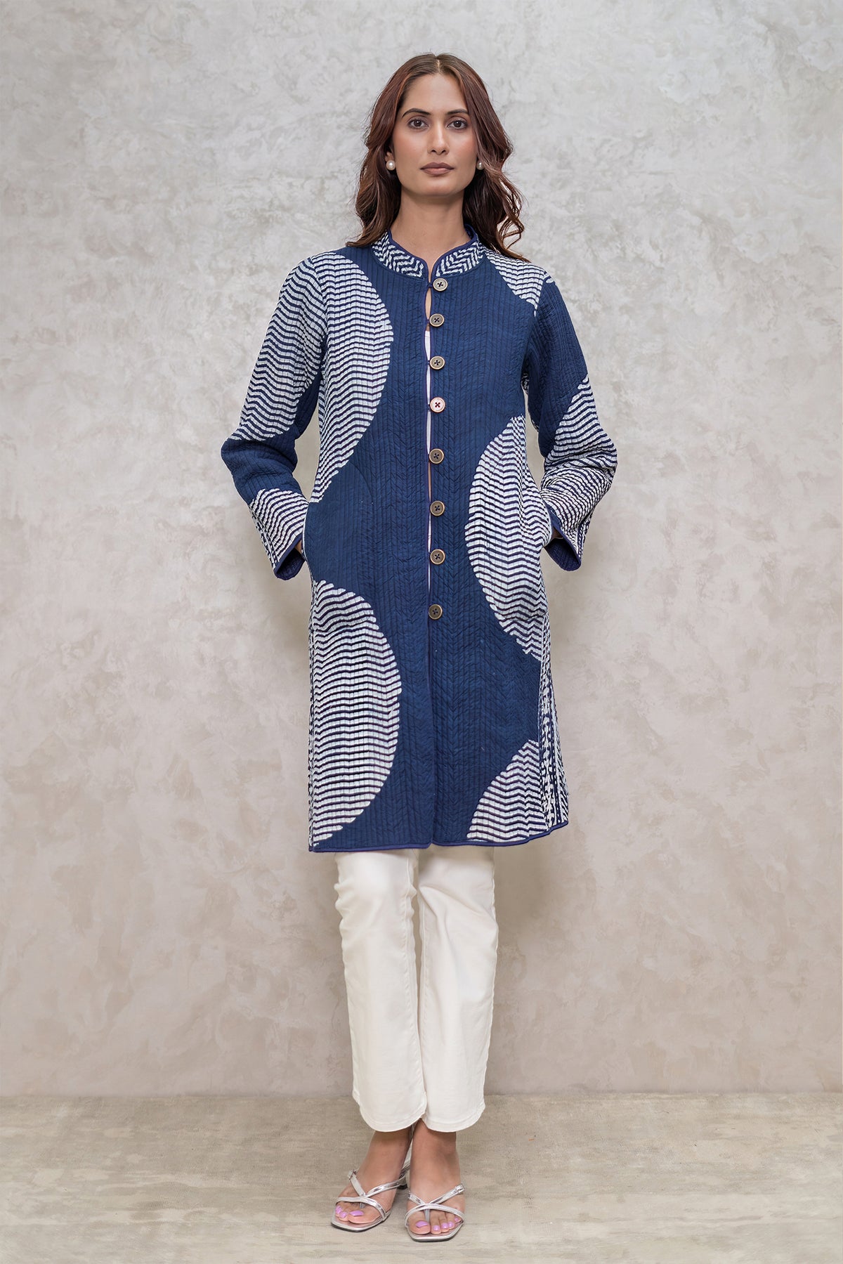 Indigo Block Printed Reversible Quilted Jacket-NVQJ610