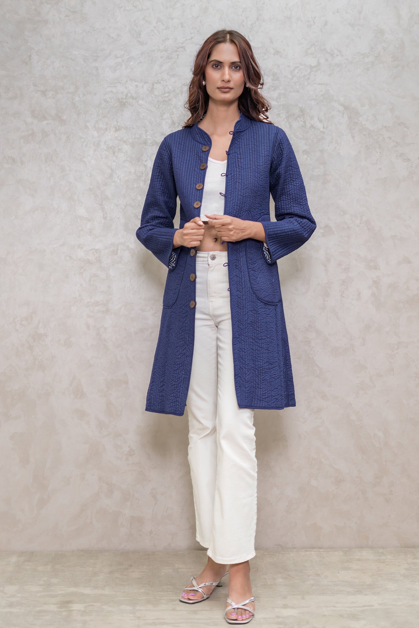 Indigo Block Printed Reversible Quilted Jacket-NVQJ610