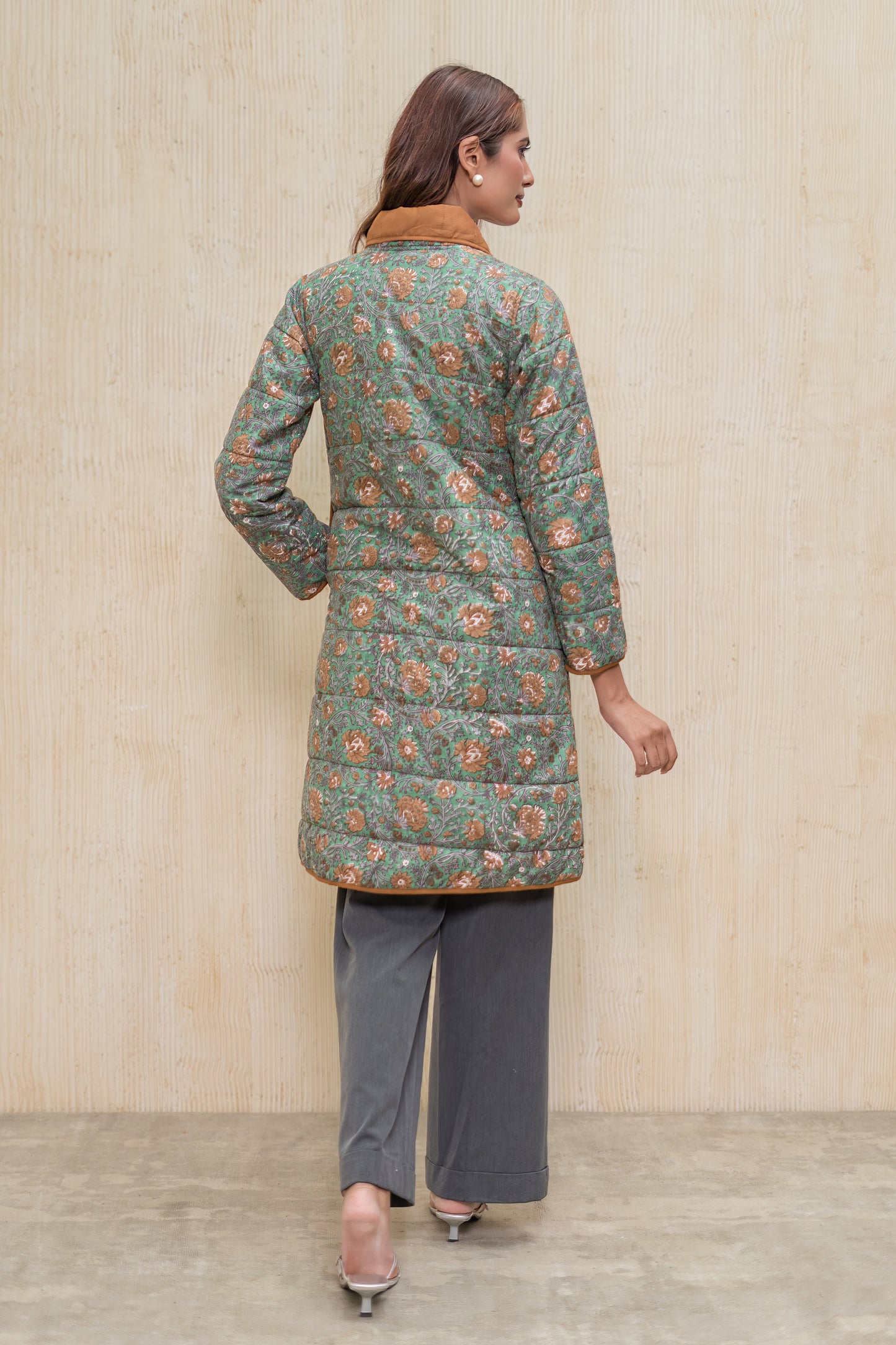 Green Block Printed Fiber Quilted Jacket-NVQJ608