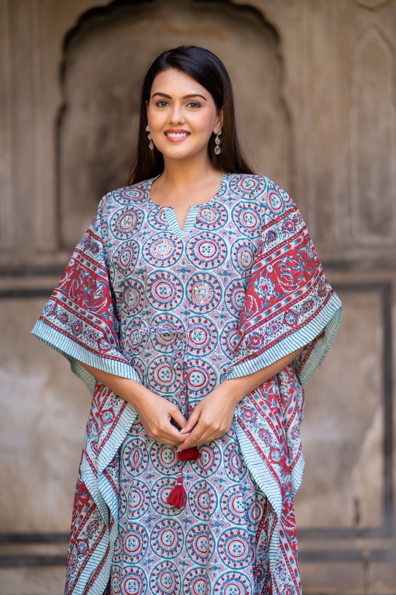 BLUE RED BLOCK PRINTED KAFTAN-NVK517