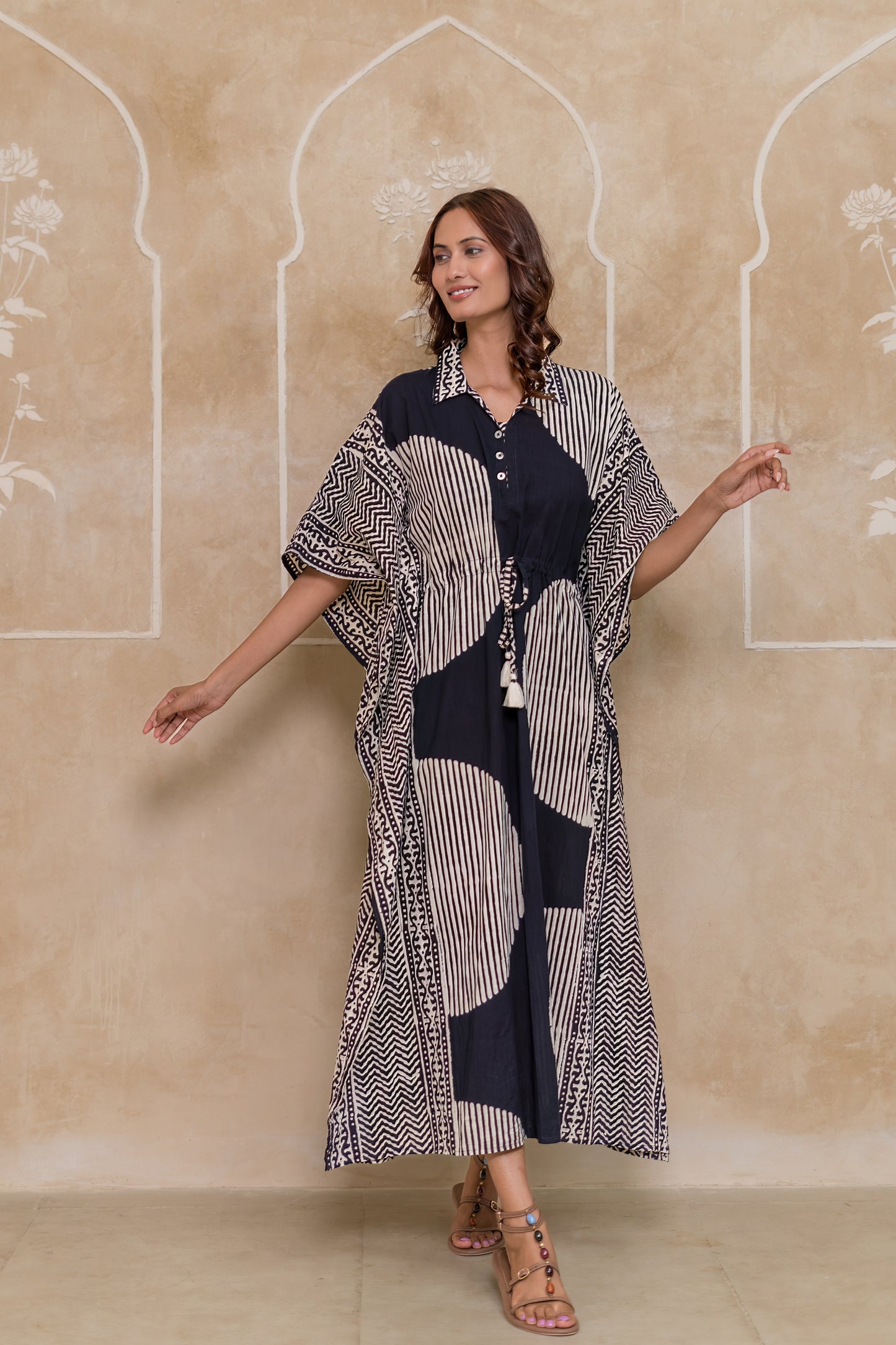 Black Geometric Block Printed Kaftan - NVK554