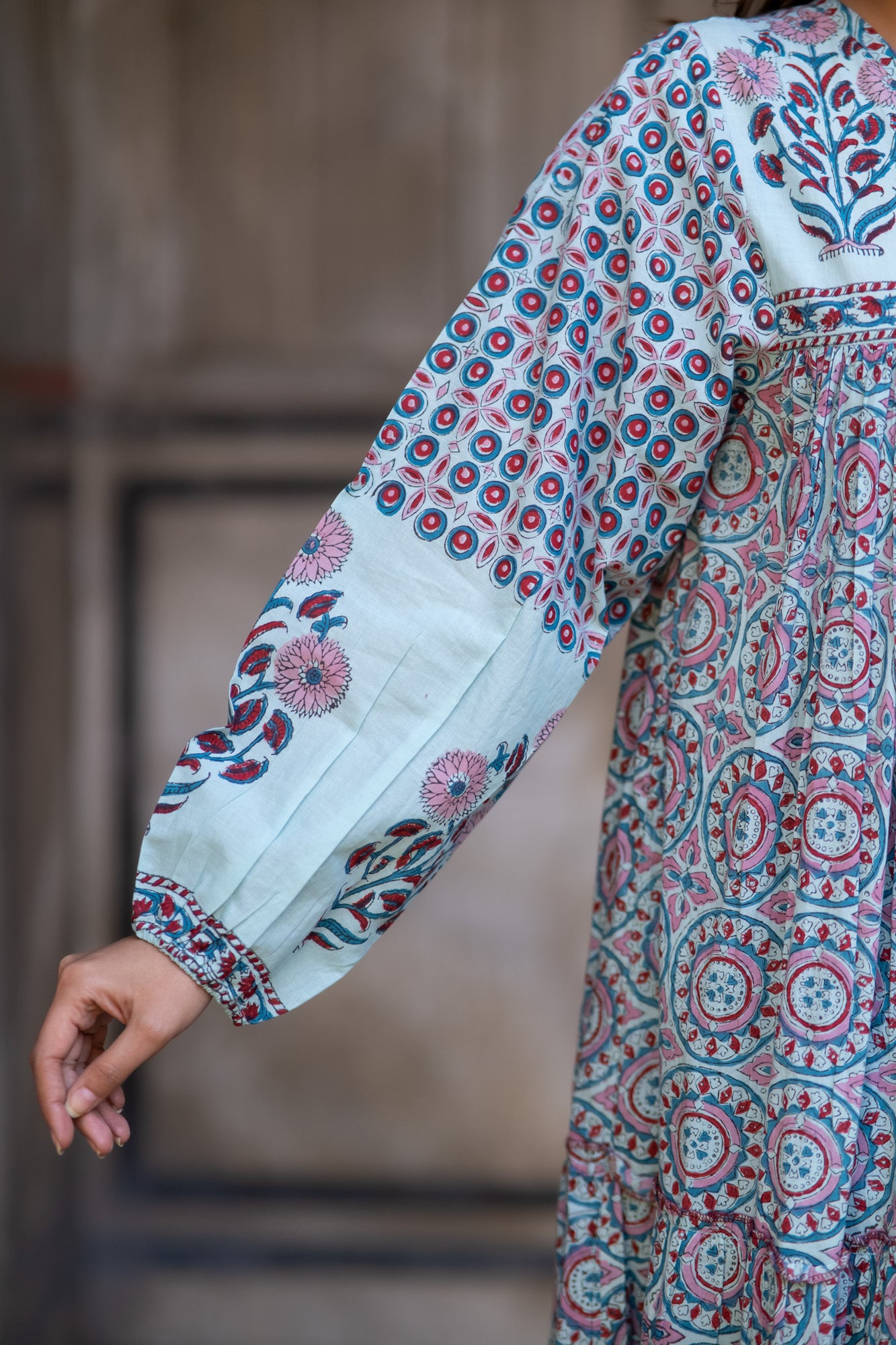 Blue Block Printed Tier Long Dress-NFD76