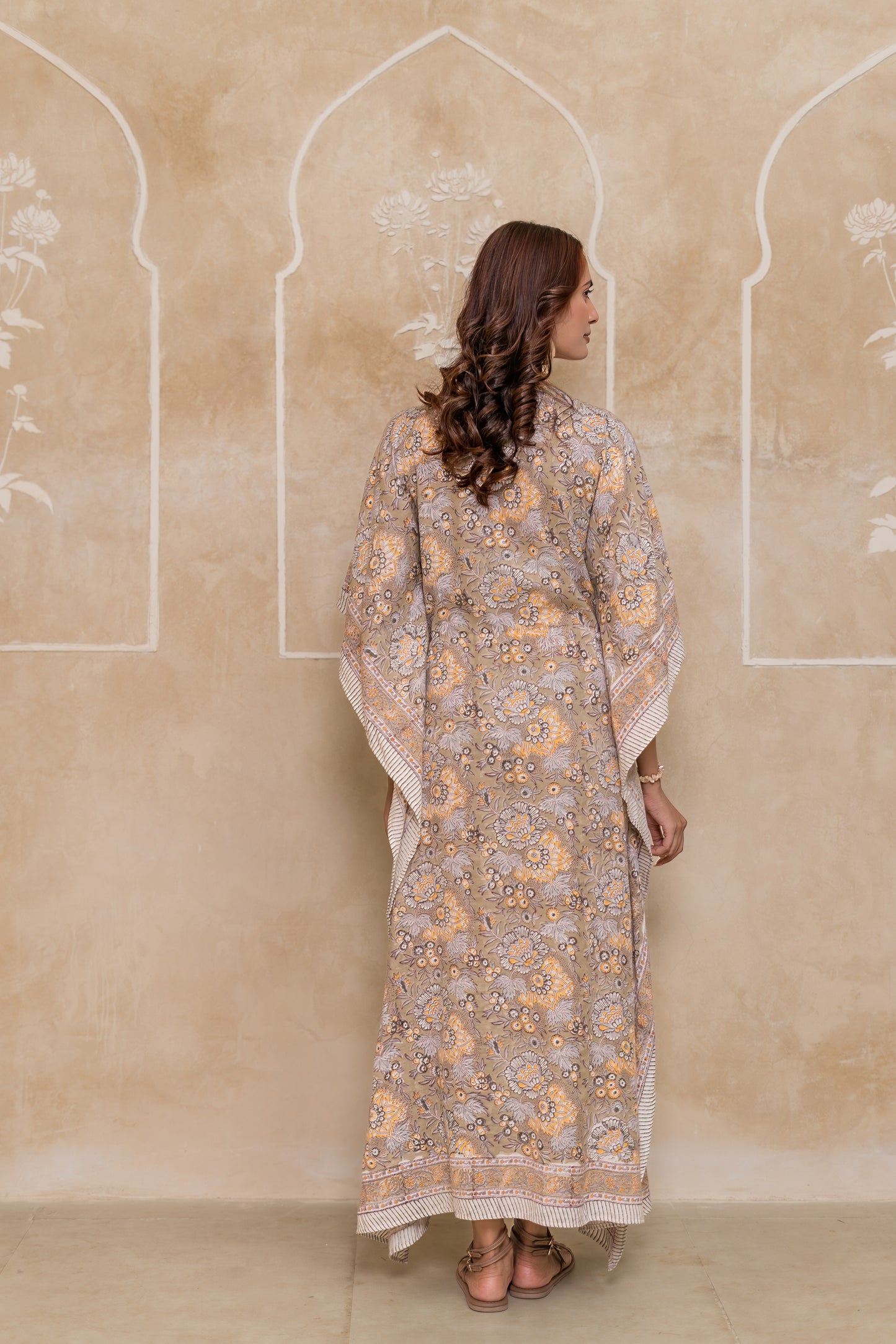 Light Brown Block Printed Kaftan Dress- NVK550