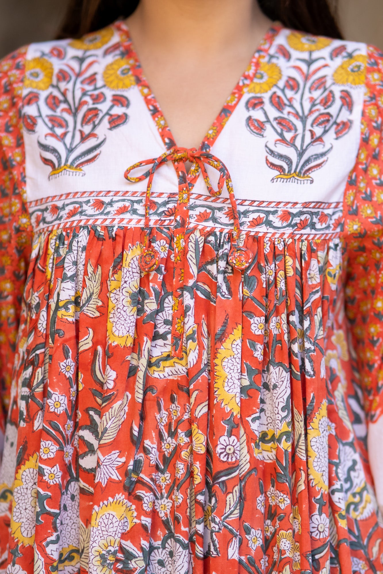 Orange Block Printed Flair Long Dress-NFD75
