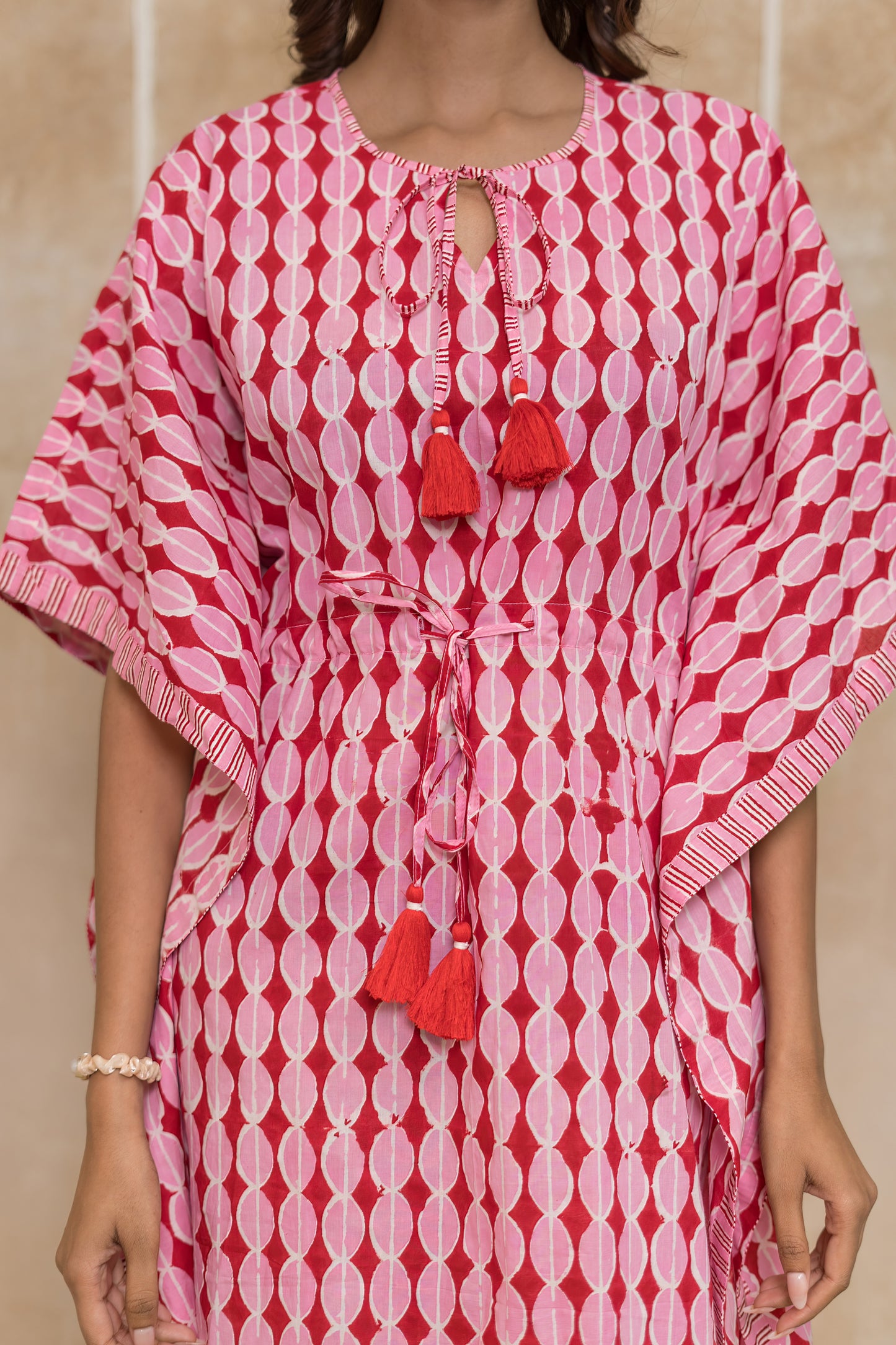 Pink Red Block Printed Cotton Kaftan -NVK546