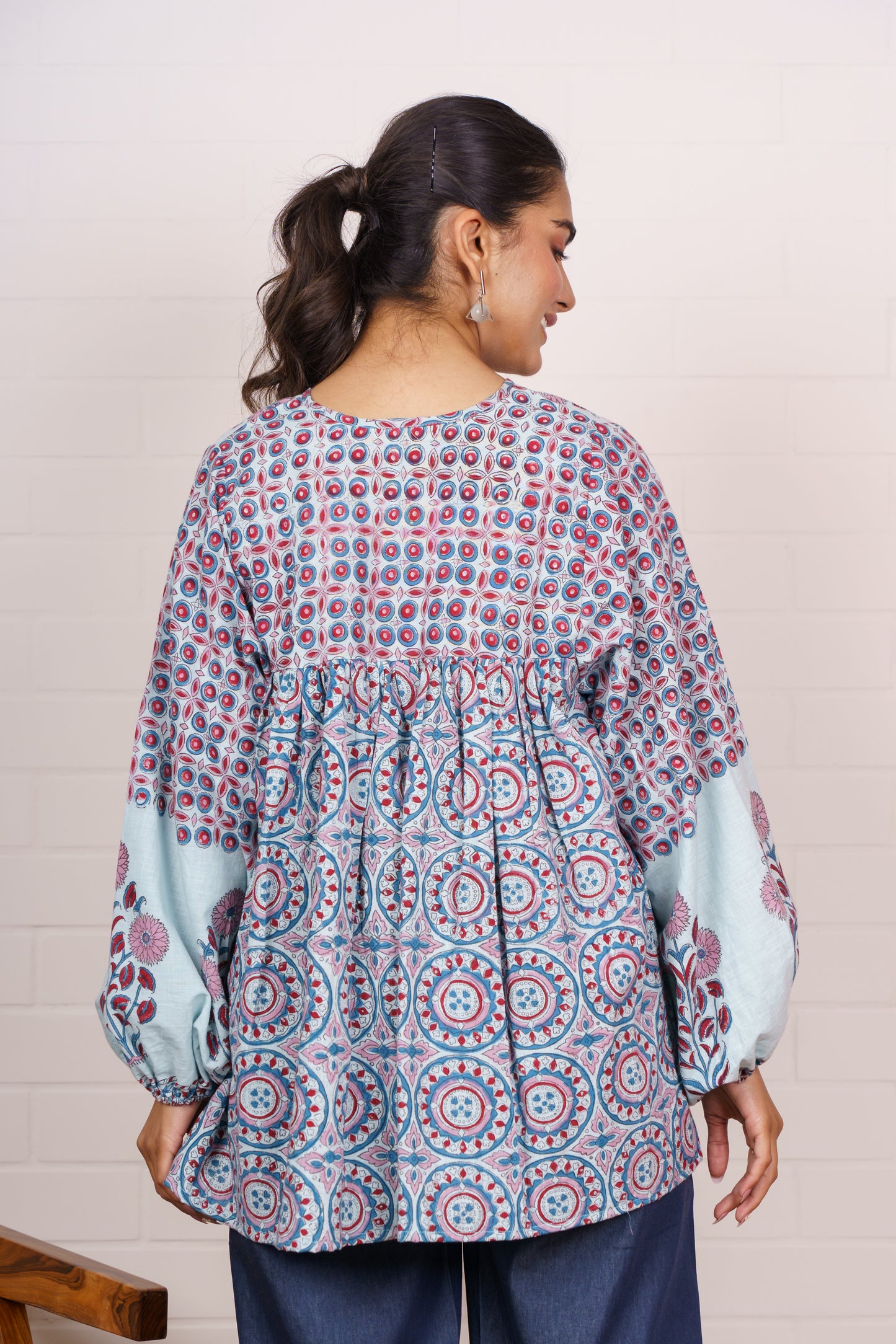 Pastel Blue Block Printed Top-NFT144