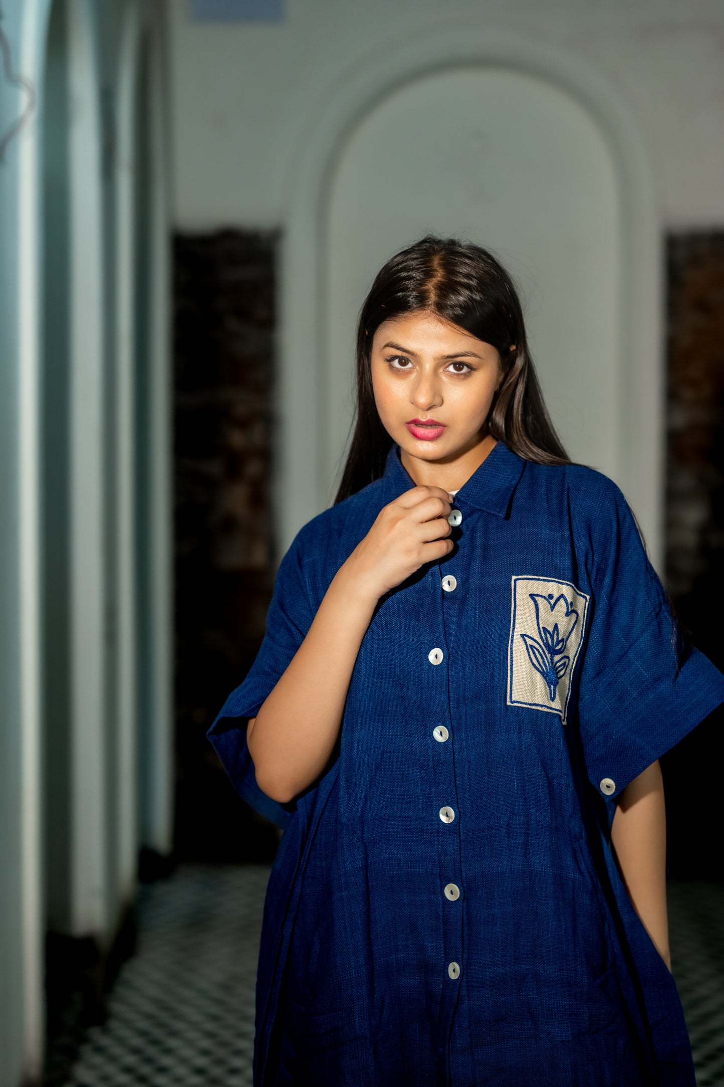 Navy Handloom Khari Embroidered Kaftan - NVK557