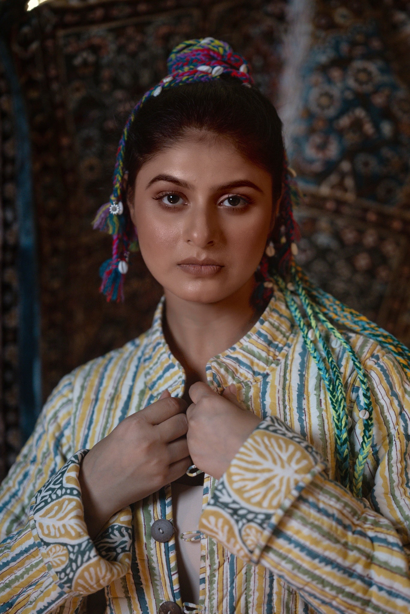 Green Yellow Folded Sleeves Quilted Coat-NVQJ632