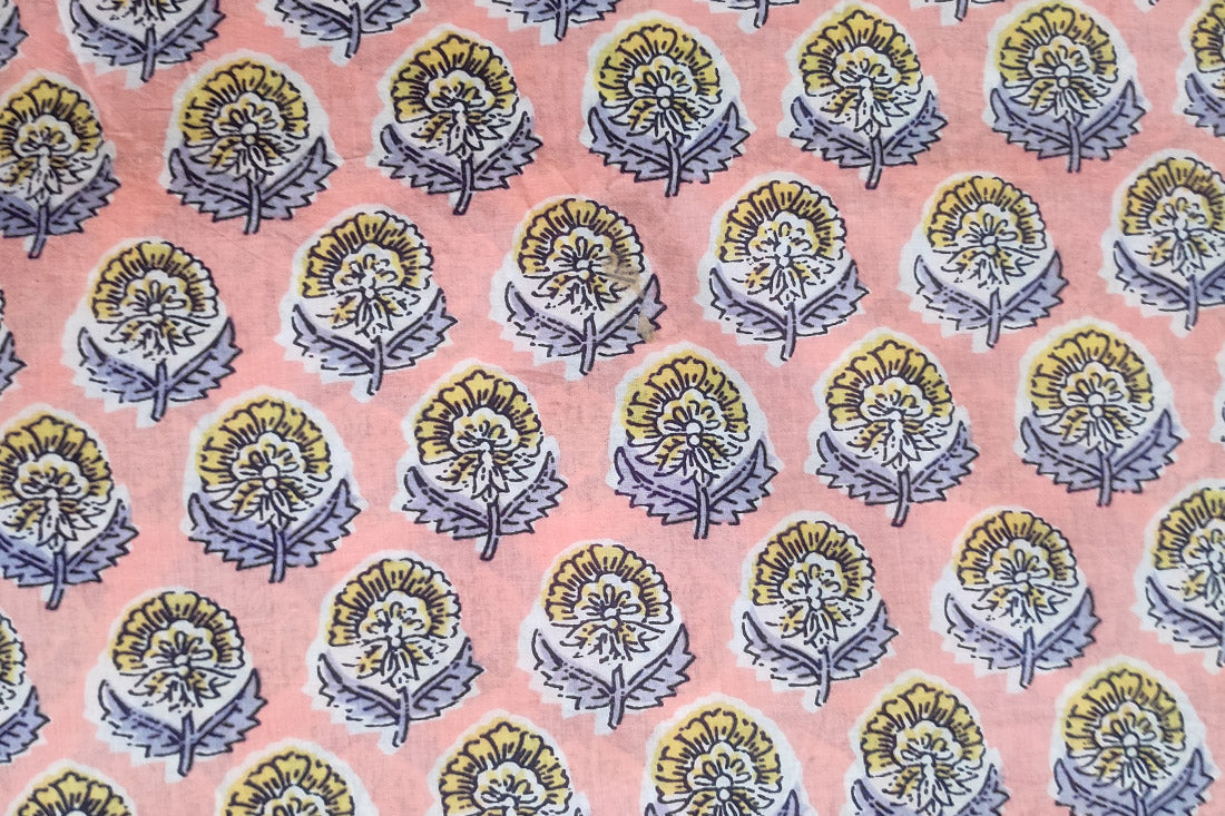 PEACH FLORAL HAND BLOCK PRINTED COTTON FABRIC-HF6382