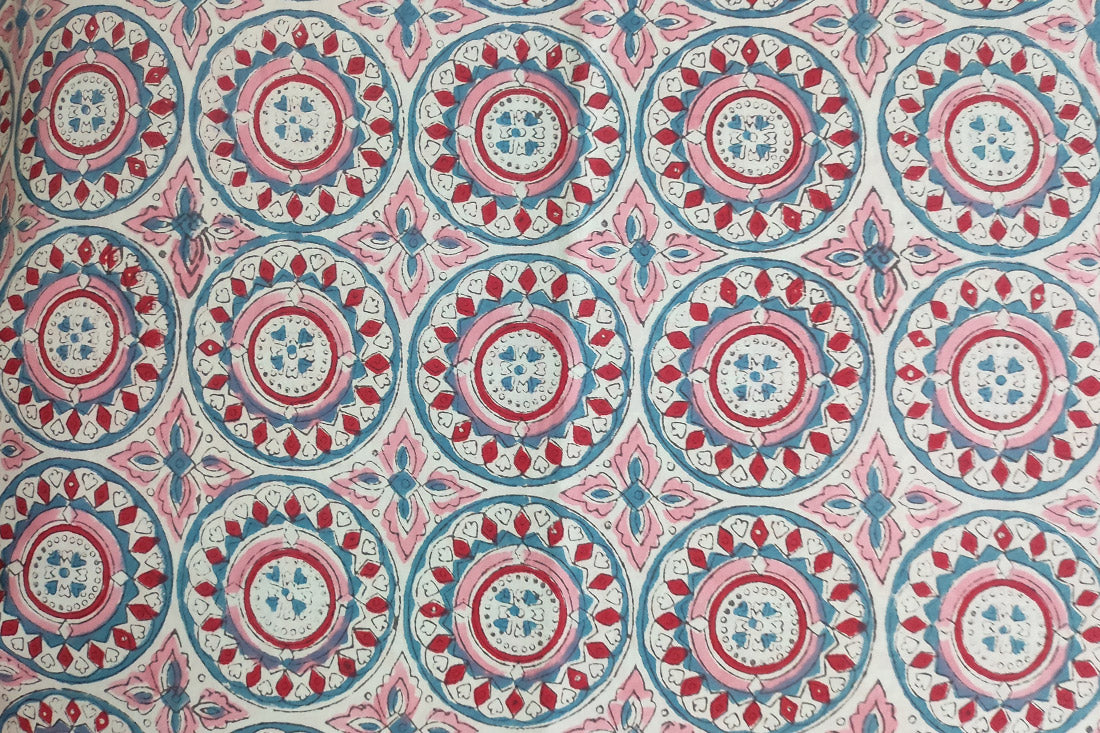 BLUE RED HAND BLOCK PRINTED COTTON FABRIC-HF6384