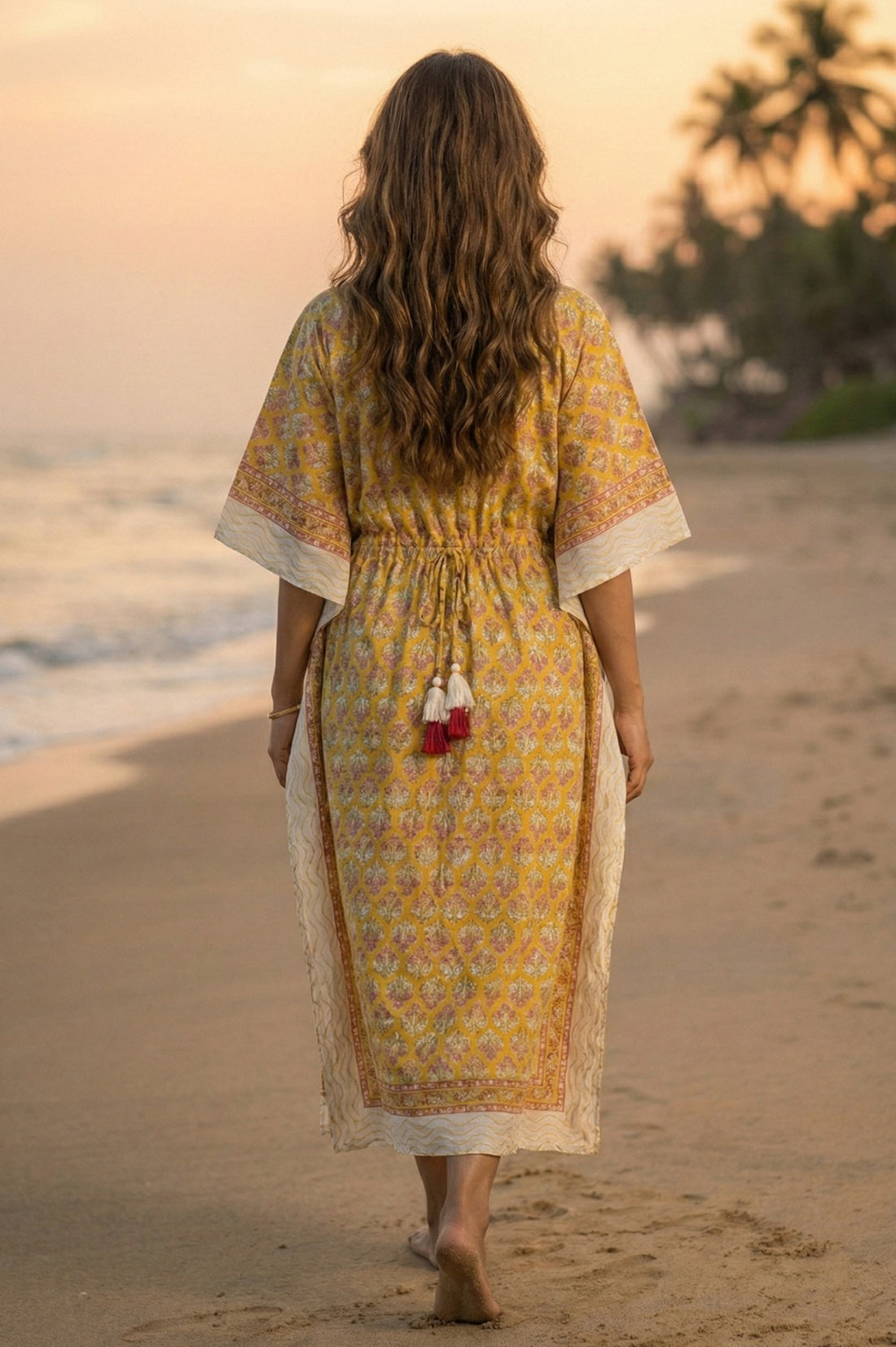 Yellow Floral Cotton Long Kaftan - NVK563