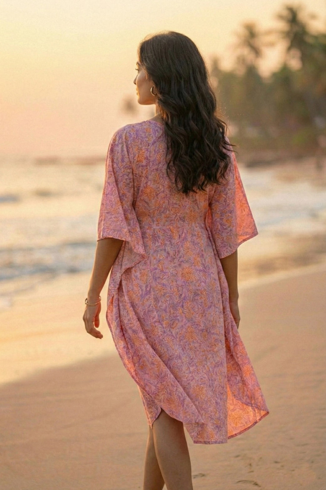 Pink Floral Hand Block Printed Kaftan Dress- NVK565