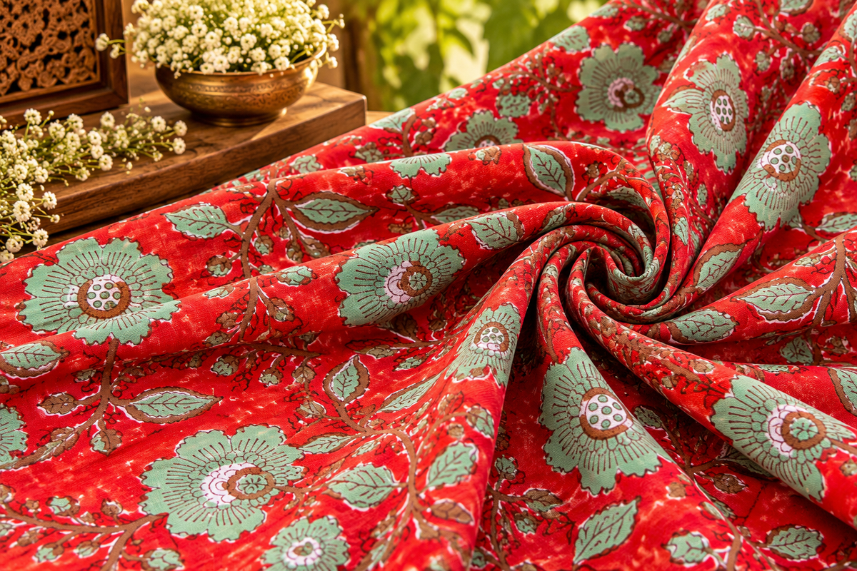 FLORAL HAND BLOCK PRINTED COTTON FABRIC-HF6464