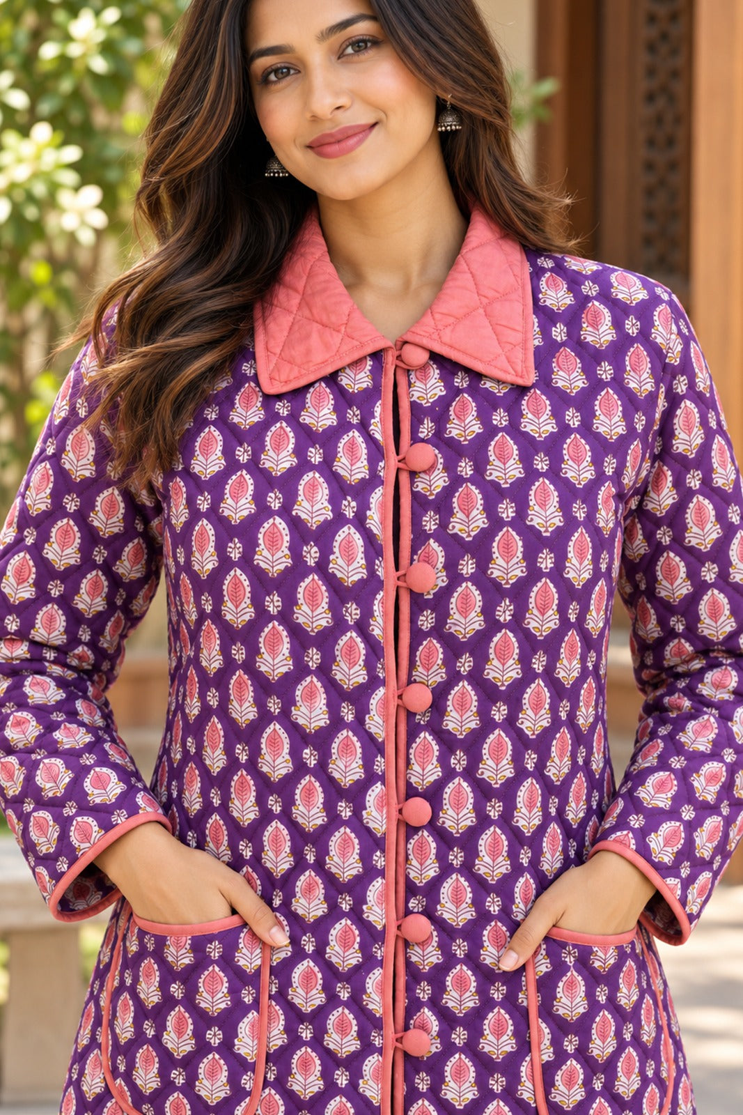 RUST ORANGE FLORAL QUILTED JACKET -NVQJ672