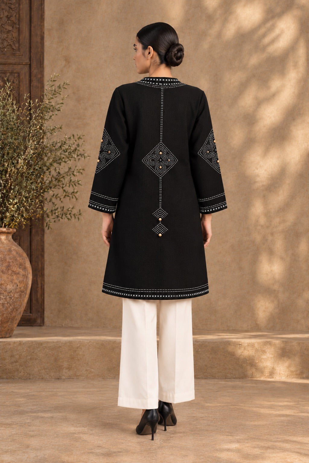 Black Pure Wool Hand-Embroidered Kantha Jacket