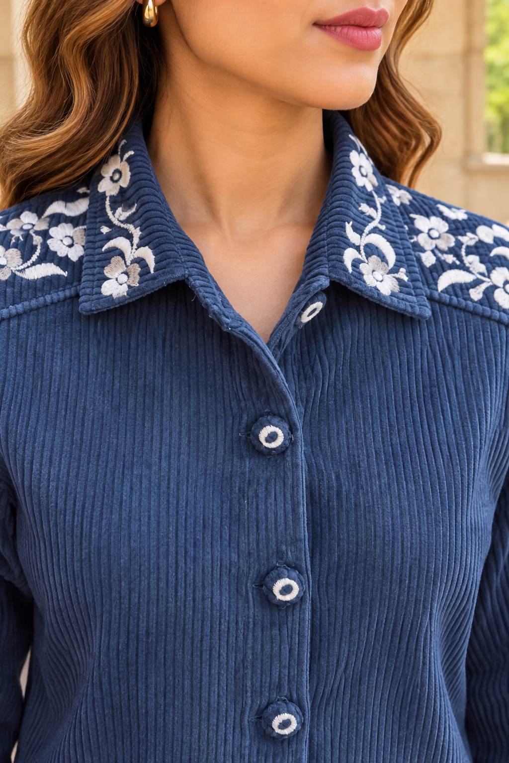 Blue Floral Embroidered Corduroy Jacket-NVQJ685