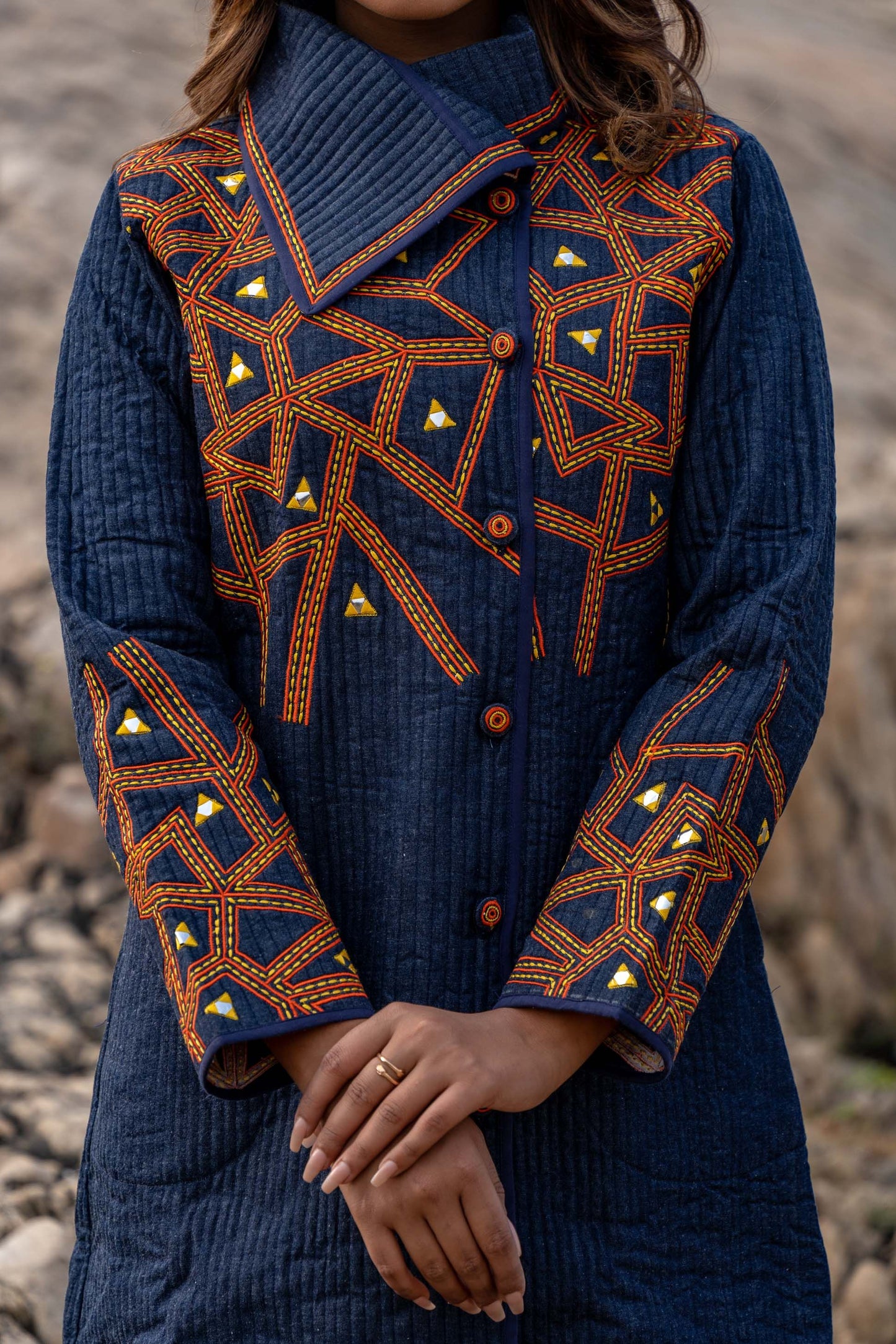 Denim Embroidered Quilted Bukhara Coat-NVQJ358