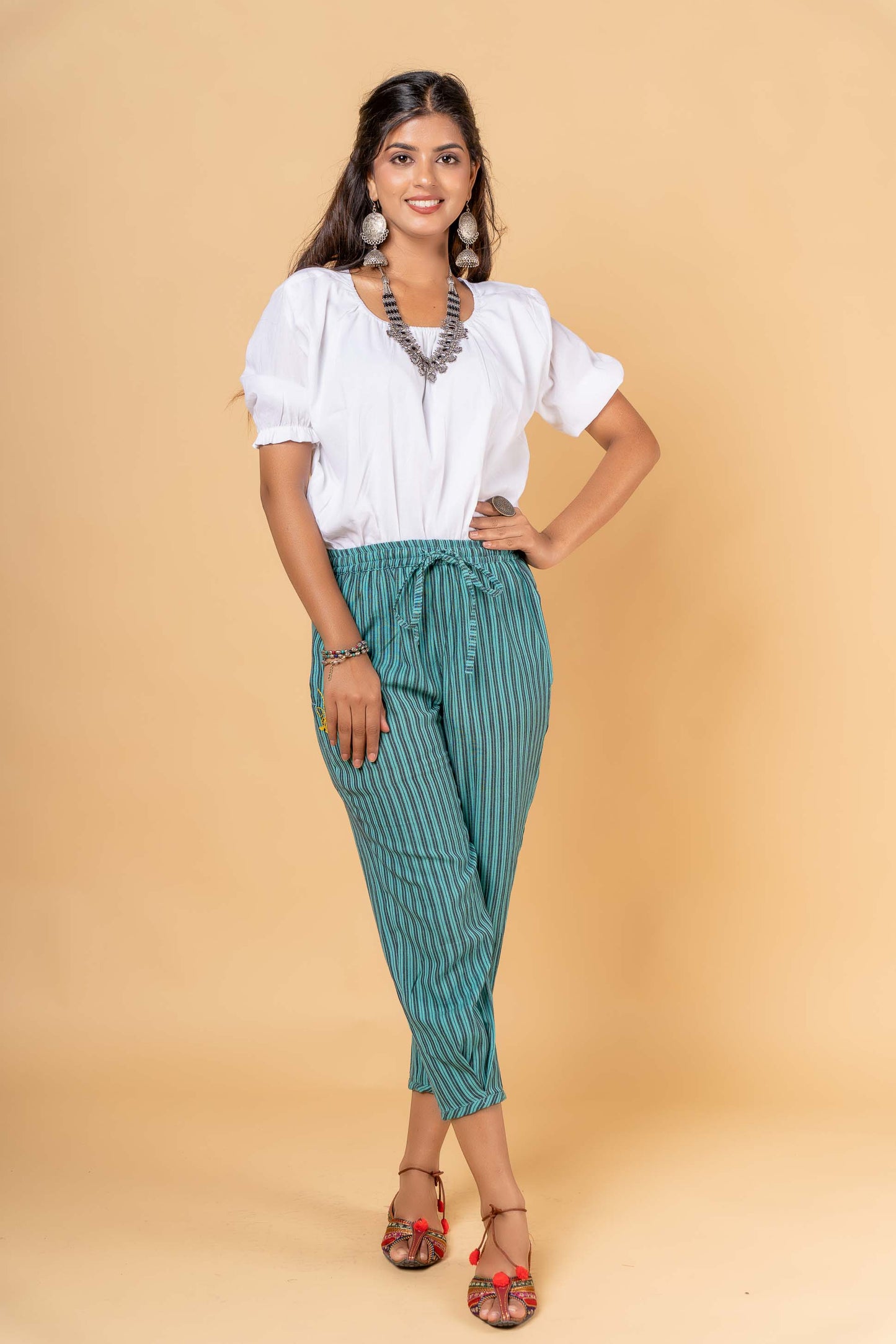 BLUISH GREEN HANDWOVEN CAPRI PANT-NFB12