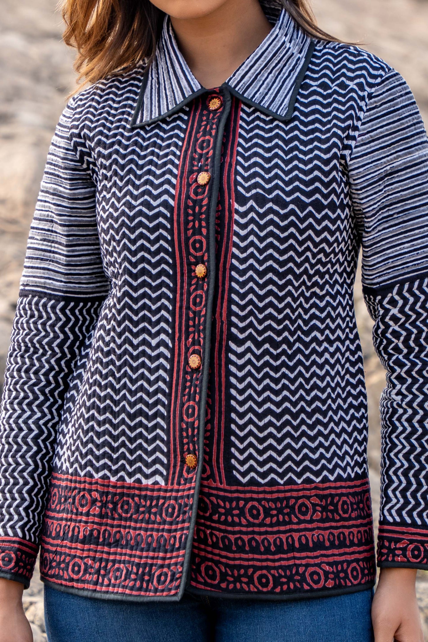 Black Bagru Hand Block Printed Quilted Jacket- NVQJ339 SALE