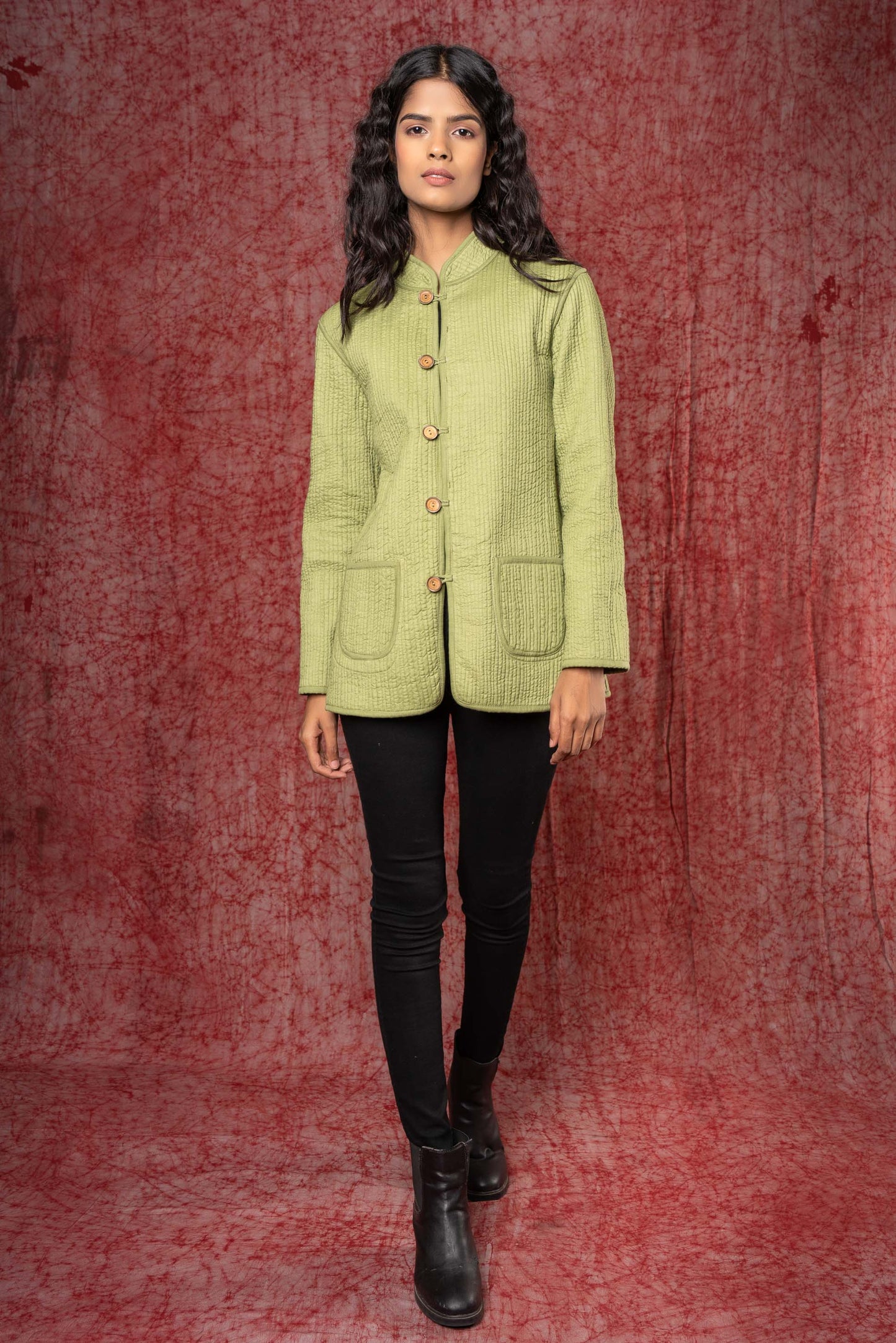 Bean Blue Block Printed Quilted Reversible Jacket- NVQJ368