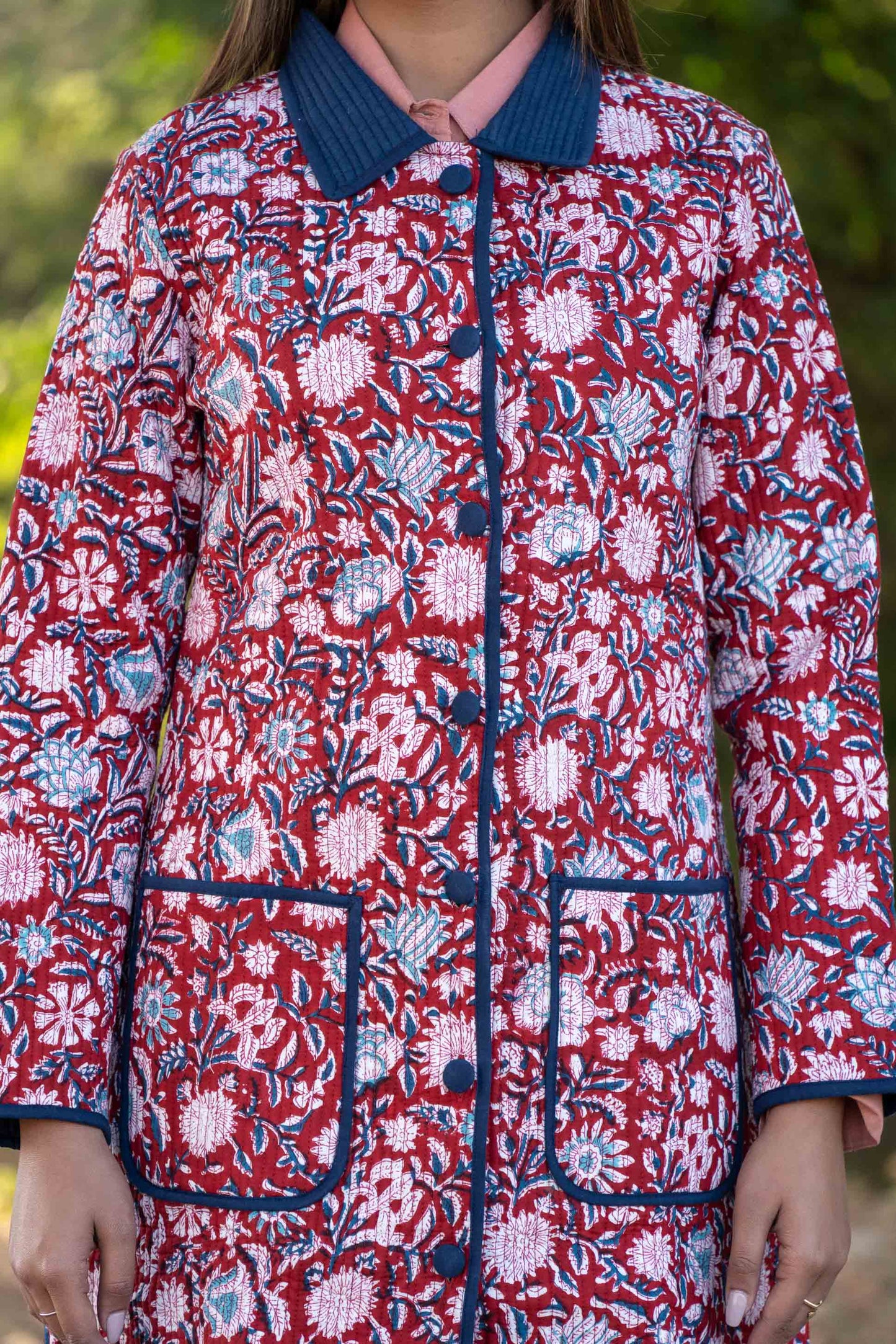 Red Blue Block Printed Reversible Quilted Coat-NVQJ440 SALE